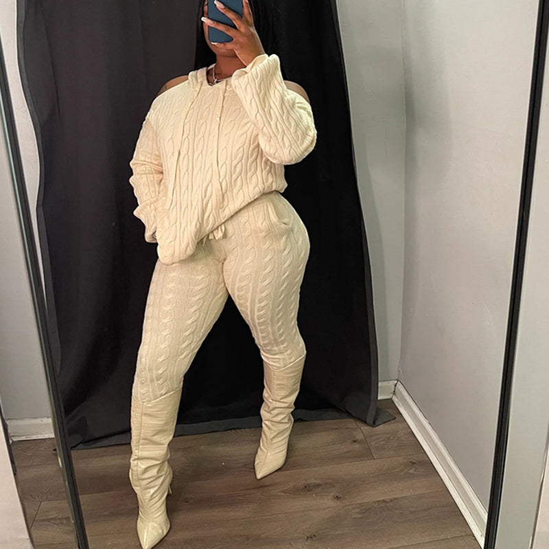 Solid Color High Stretch Knit Sweater Set for Women - Soft Comfortable Pullover & Pants Outfit - Perfect for Yoga, Lounge & Casual Wear
