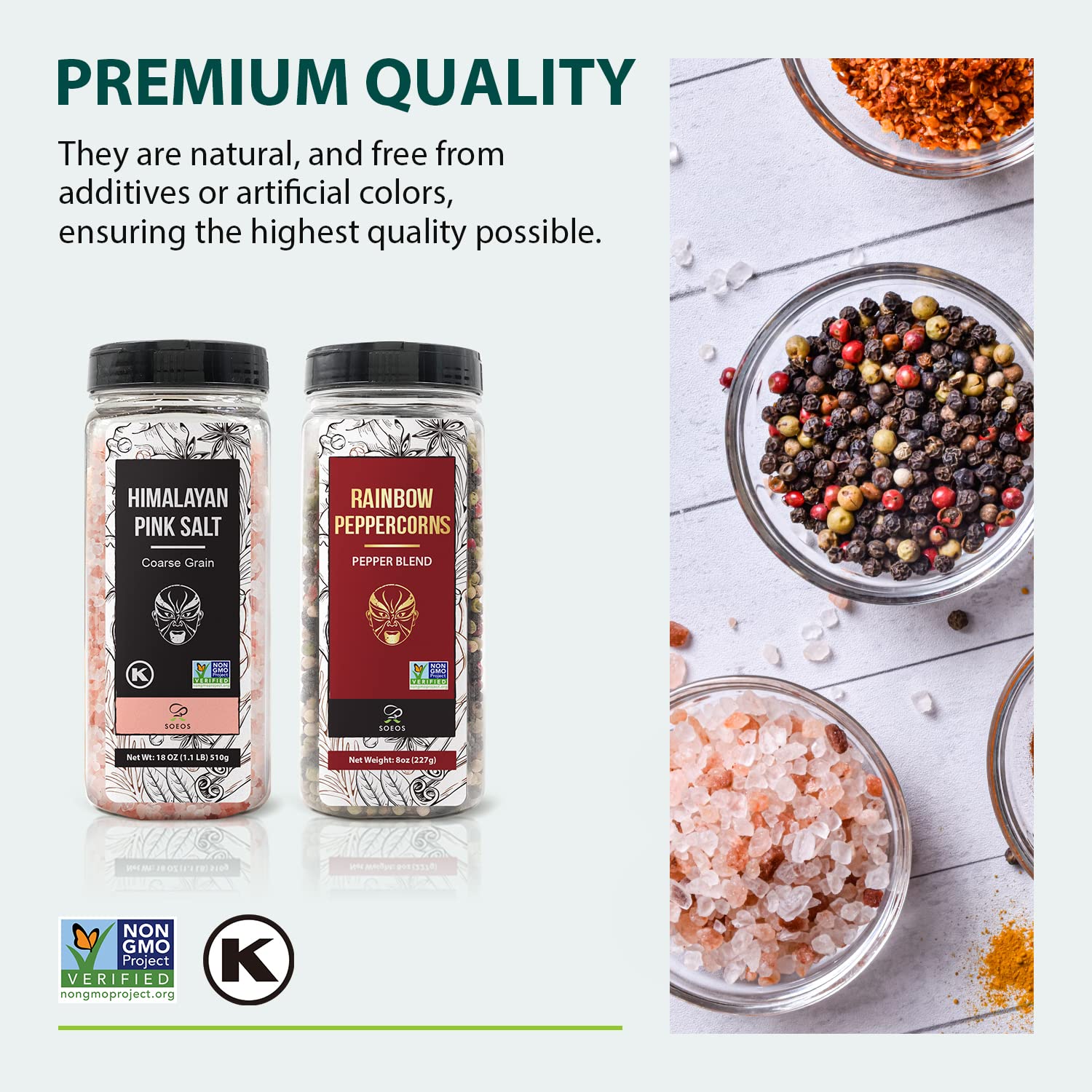 Soeos Himalayan Pink Salt & Rainbow Peppercorn Grinder Refill Set - 18oz Kosher Salt & 8oz Peppercorns - Gourmet Seasoning Blend for Cooking, Baking, Grilling & Salad - Perfect for Kitchen, BBQ & Dinner Parties