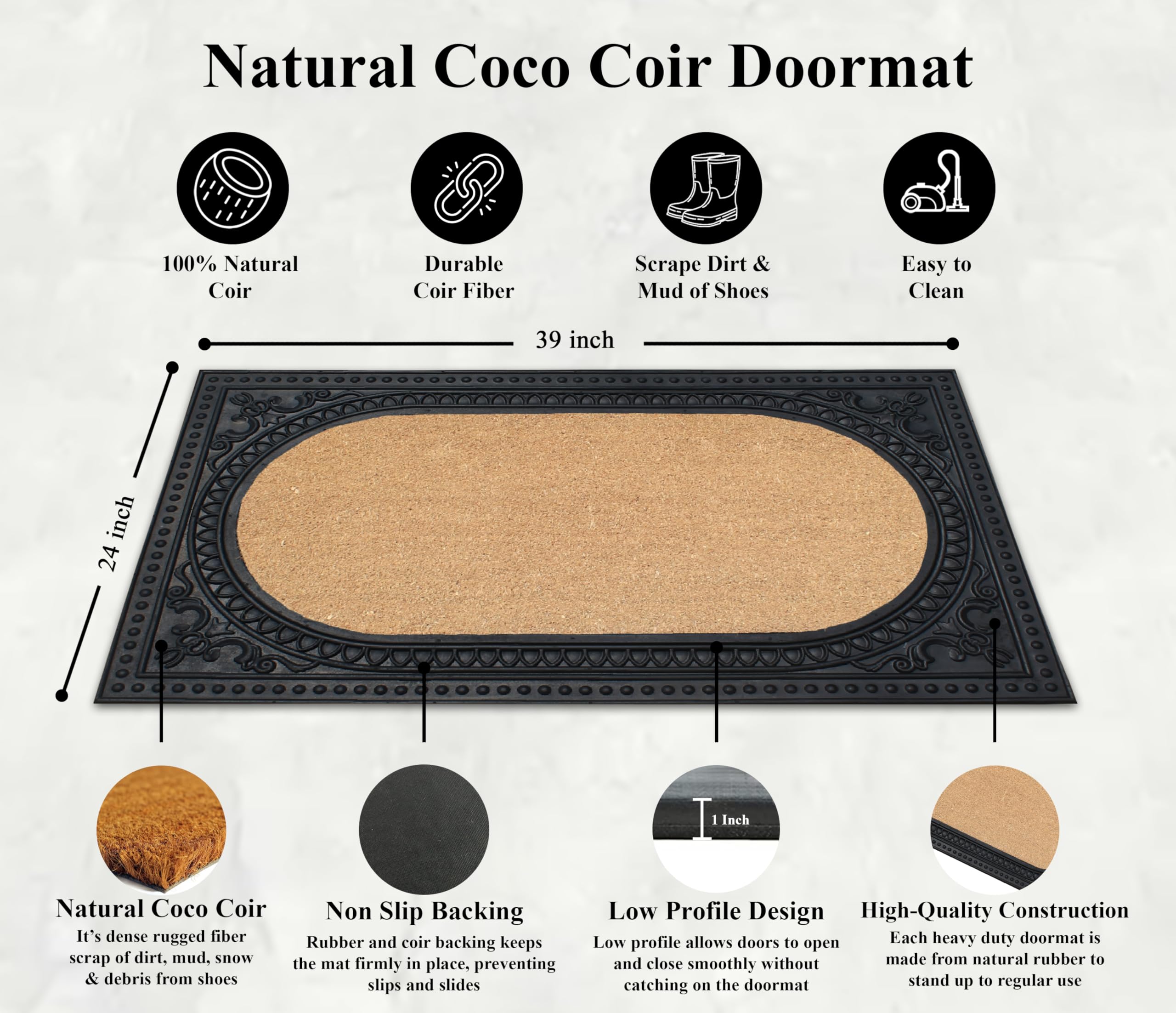 Premium A1HC Entrance Door Mat 23”x38” - Durable Non-Slip Large Outdoor Rug with Rubber Backing - Heavy Duty Thin-Profile Welcome Mat for High Traffic Areas - Perfect for Front Door, Patio, Garage & Mudroom Use