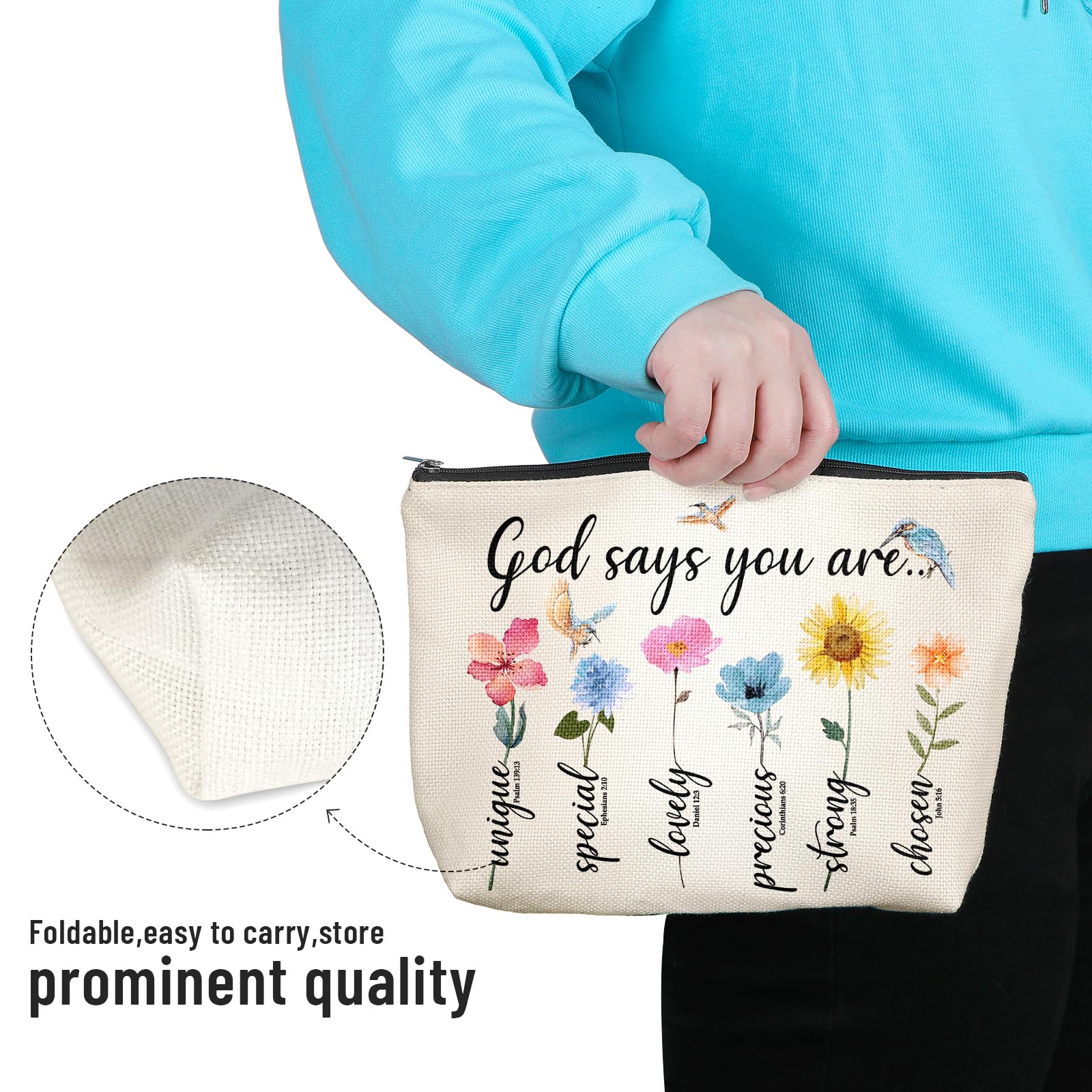 God Says You Are Makeup Bag - Inspirational Bible Verse Cosmetic Pouch, Christian Gift for Women, Encouragement Present with Floral Bird Design - Perfect for Church, Bible Study, Birthday & Daily Use