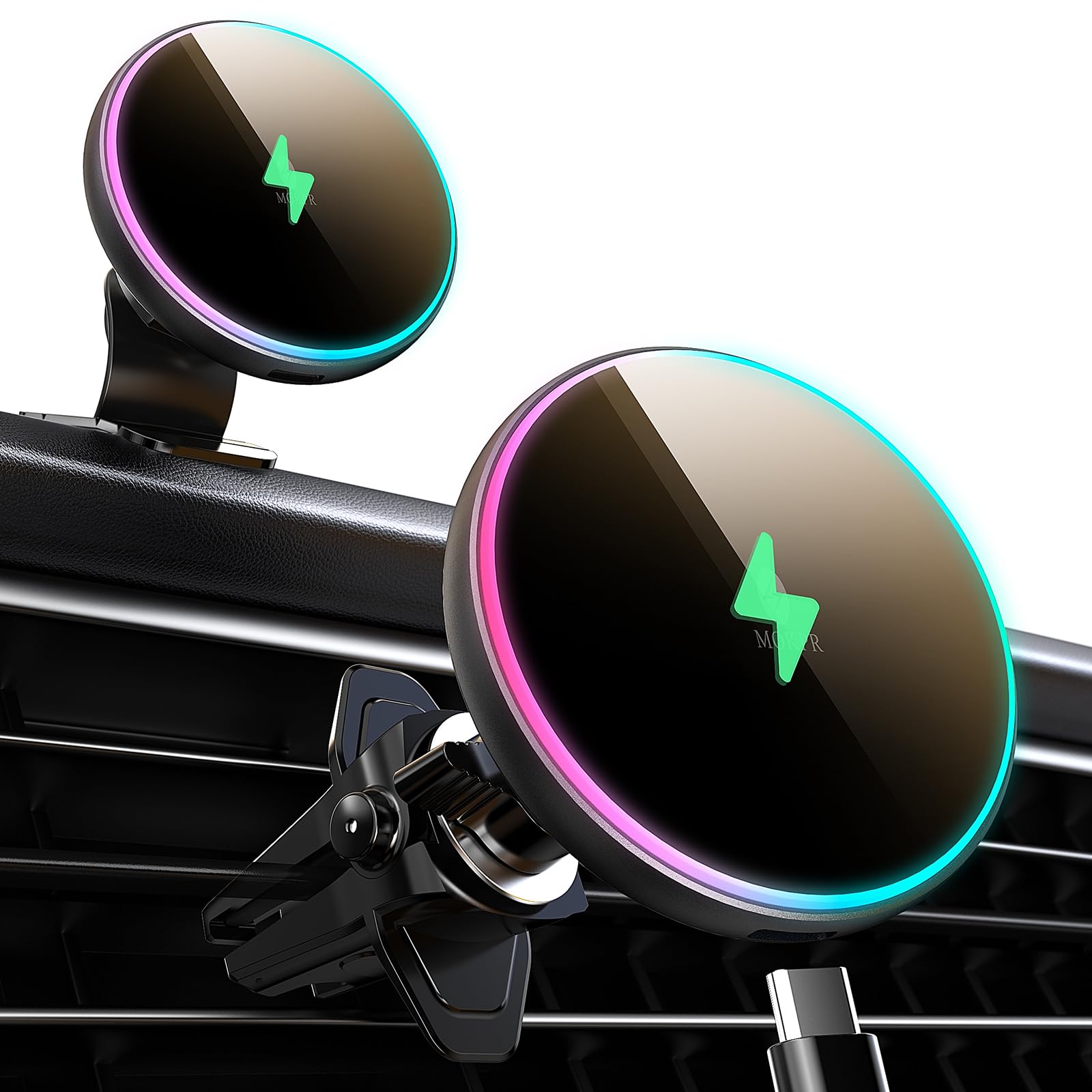 MOKPR 15W MagSafe Car Mount Charger - Magnetic Wireless Car Phone Holder for iPhone 14/13/12 - Fast Charging with RGB LED - Compatible with Dashboard & Air Vent - Perfect for Road Trips & Hands-Free Driving