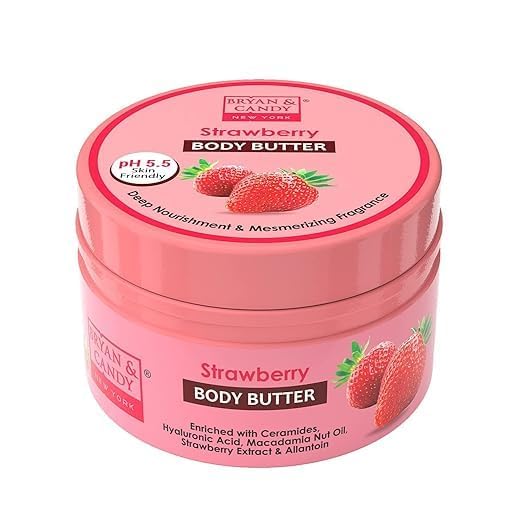 Strawberry Body Butter pH 5.5 - 72 Hour Moisturizing Cream with Ceramides & Hyaluronic Acid | Enriched with Shea Butter & Strawberry Extract | Non-Sticky, Lightweight Formula for Dry Skin | Perfect for Daily Hydration & After-Shower Care (200g)