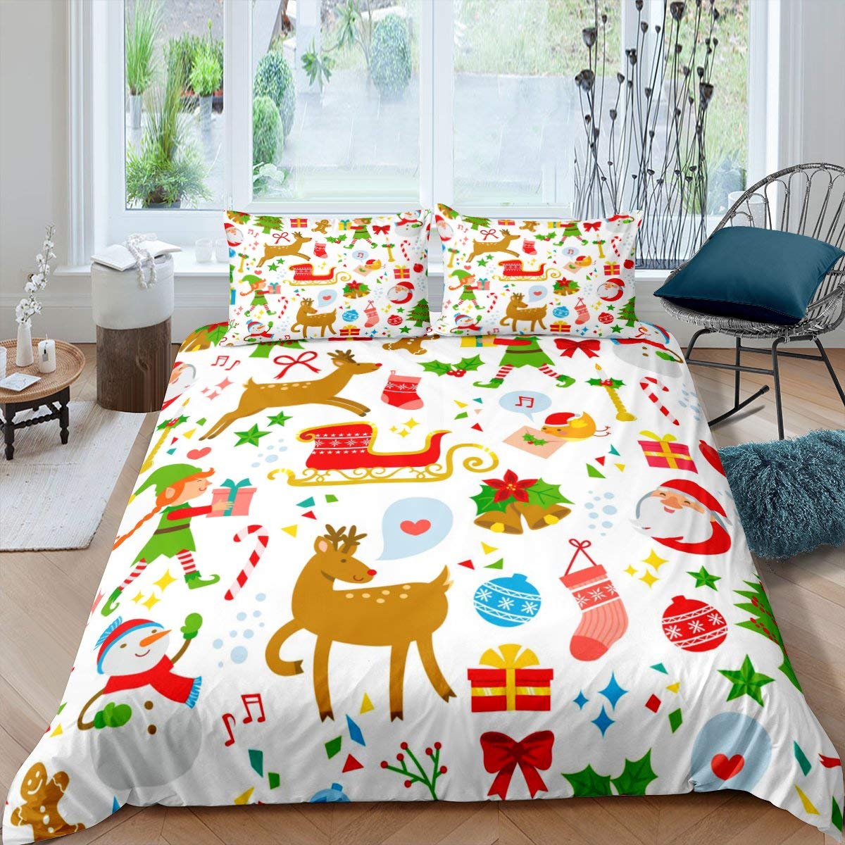 Erosebridal Kids Christmas Comforter Set - Santa Claus & Reindeer Cute Animal Cartoon Winter Theme Twin Size Duvet Cover with Pillowcase (2-Piece) for Child's Bedroom, Dorm Room & Holiday Decor