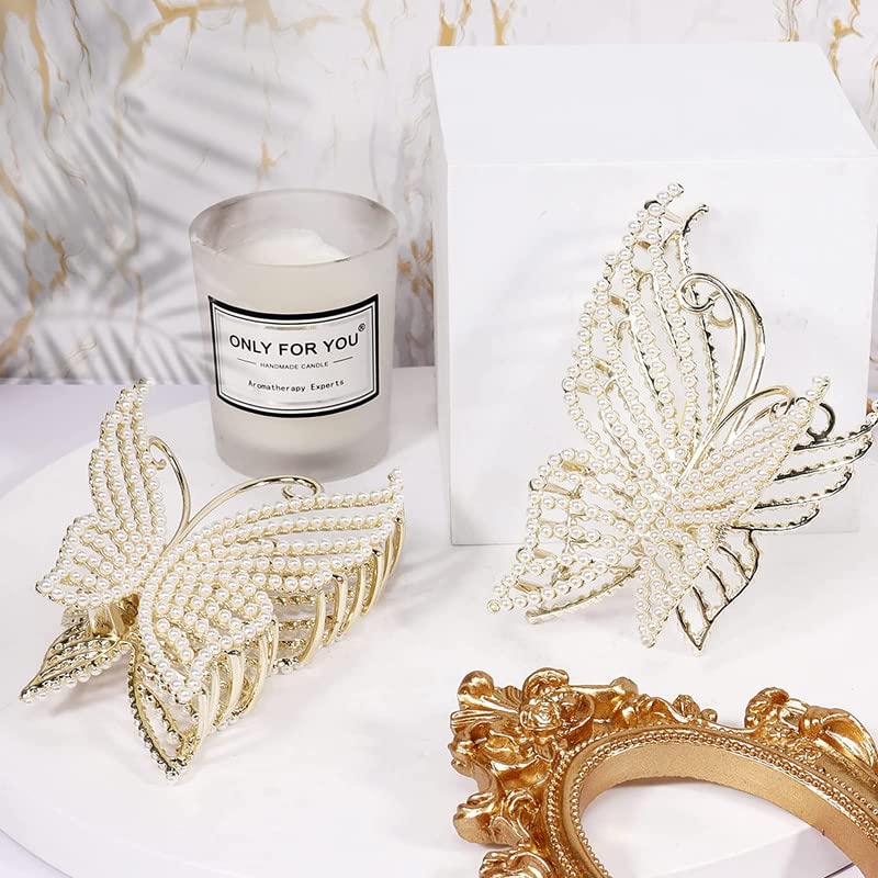 2Pcs Butterfly Pearl Hair Claw Clips - Large Non-Slip Strong Hold Hair Clips with Bling Pearls for Women, Elegant Fairy Hair Accessories for Parties, Weddings & Everyday Style