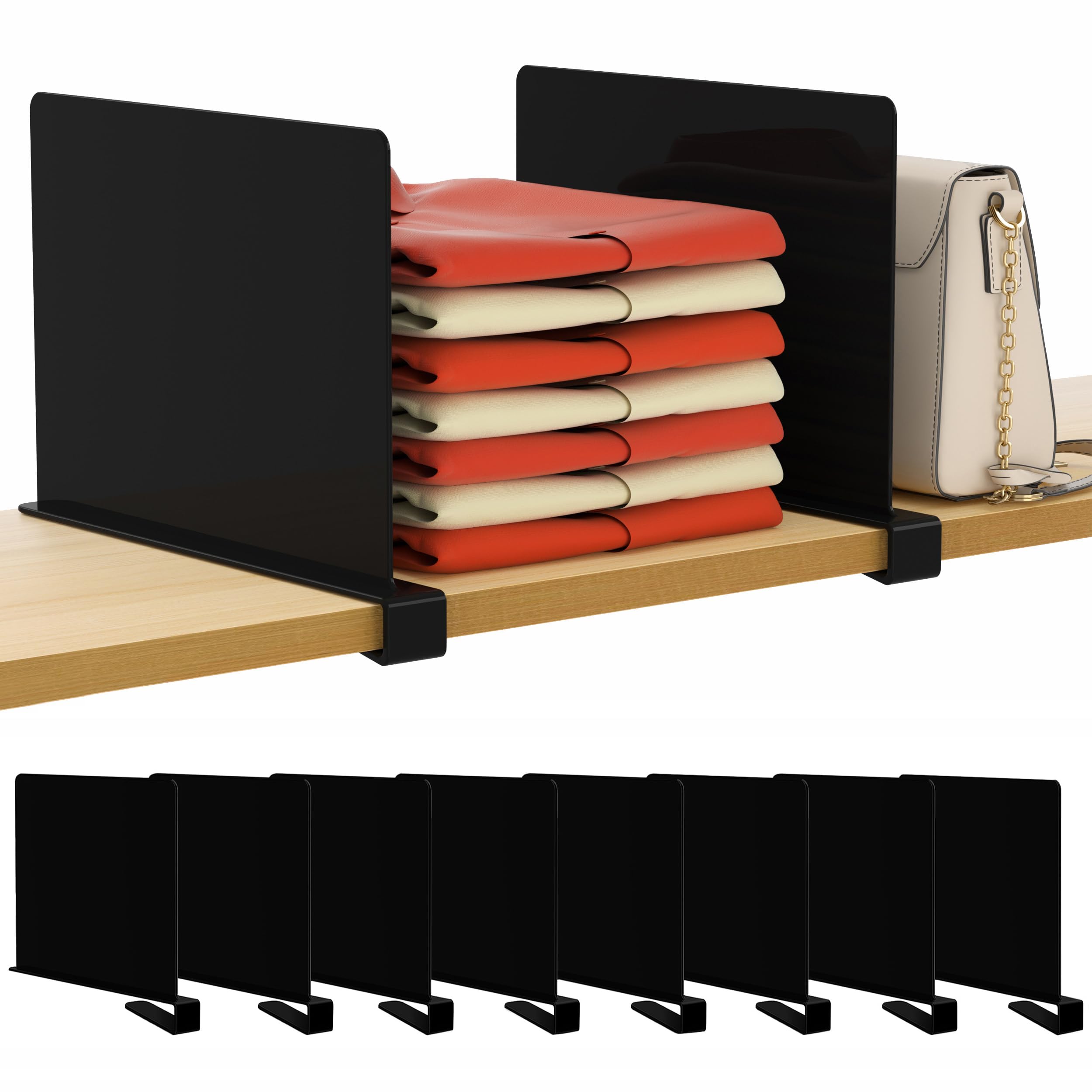 HBlife 8 Pack Black Shelf Dividers - Adjustable Acrylic Bookshelf Organizer for Closet, Perfect for Sweaters, Shirts & Handbags | Bedroom, Kitchen & Office Storage Solution | Space Saving Home Organization Accessories