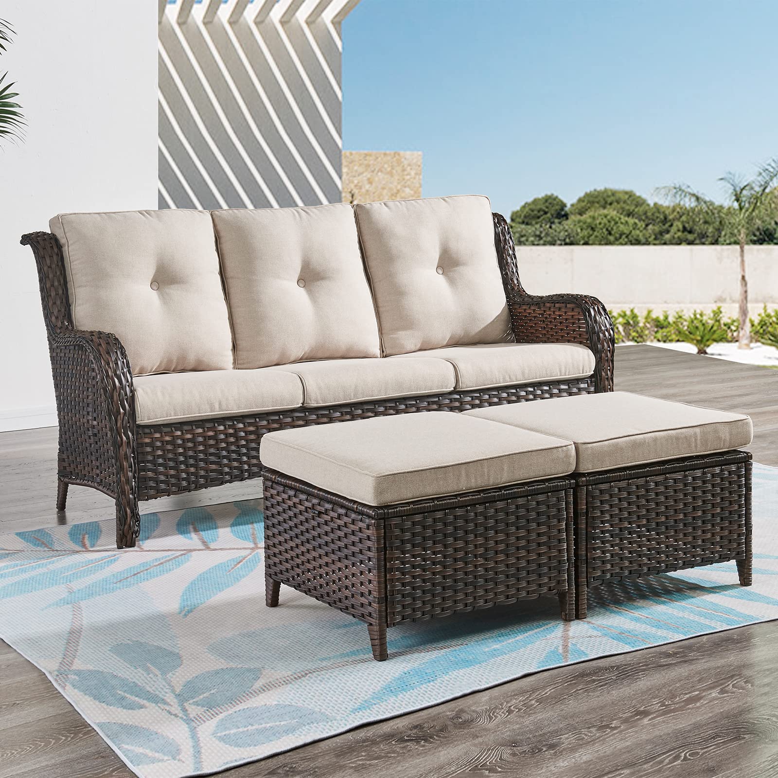 2-Piece Outdoor Wicker Ottoman Set with Thick Cushions - Brown/Beige Rattan Patio Footrest & Footstool for Garden, Poolside & Deck Relaxation