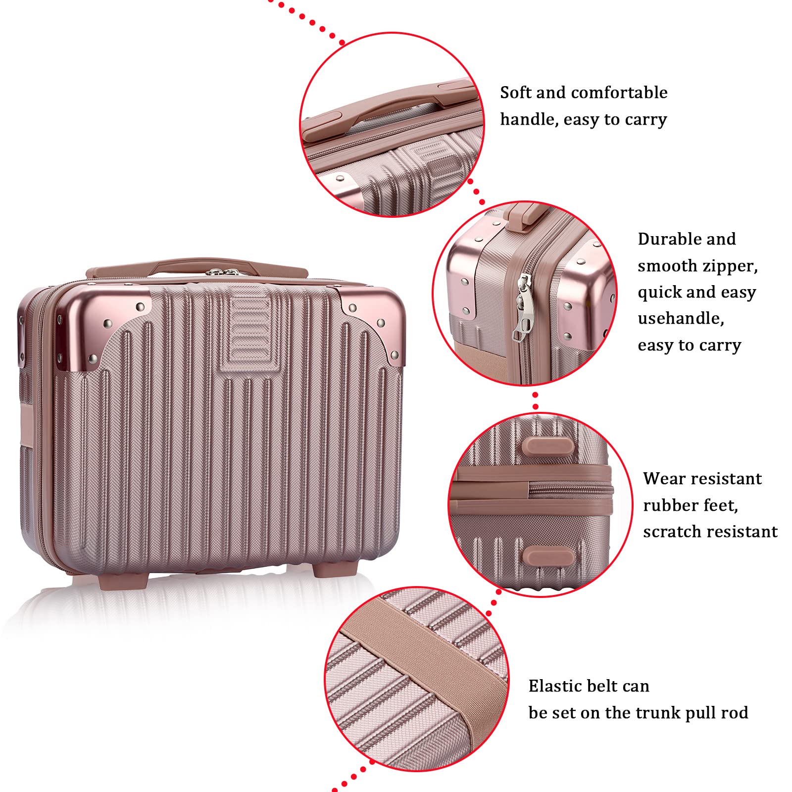 Portable Hard Shell Cosmetic Travel Case - Small ABS Makeup Organizer with Elastic Band - Mini Carry On Hand Luggage for Women (Rose Gold) - Perfect for Air Travel, Weekend Getaways & Daily Makeup Storage