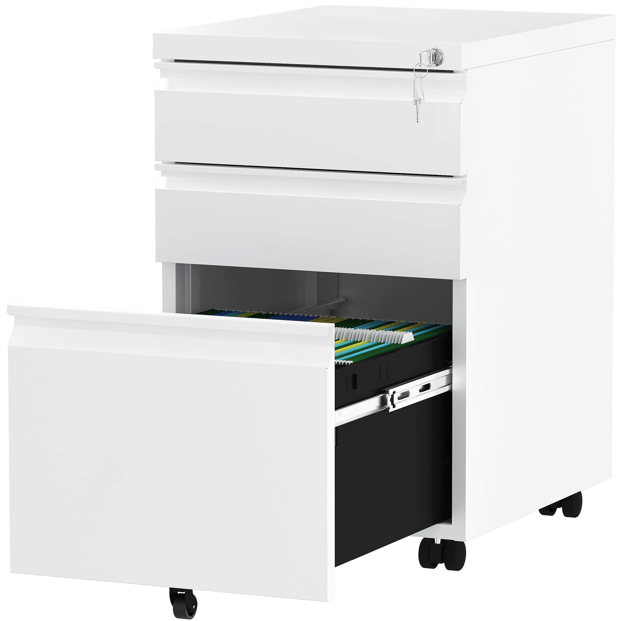 YITAHOME 3-Drawer Locking Mobile File Cabinet - Pre-Assembled Metal Office Storage for Legal/Letter Size Documents - Under Desk Filing Cabinet with Wheels (White) - Perfect for Home Office, Small Business & Workspace Organization