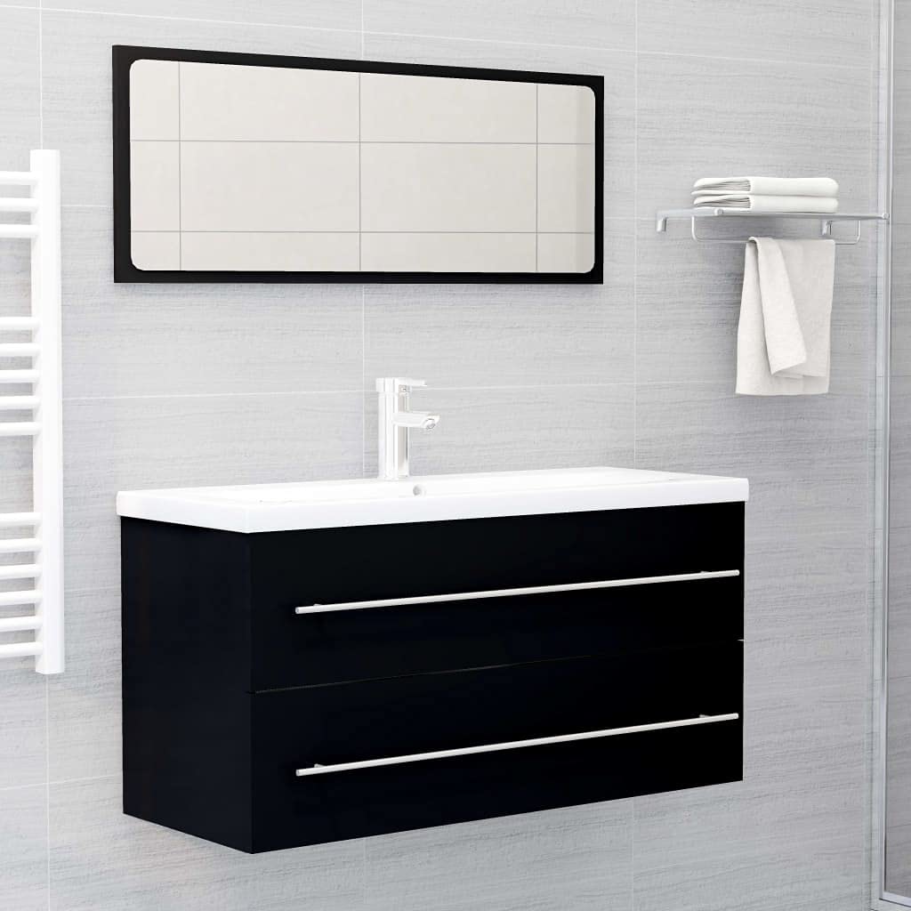 2-Piece Bathroom Furniture Set with Storage - Wall Mounted Medicine Cabinet with Drawer & Vanity Mirror - Chipboard Bathroom Organizer for Small Spaces - Black (Perfect for Apartments, Dorms & Compact Bathrooms)