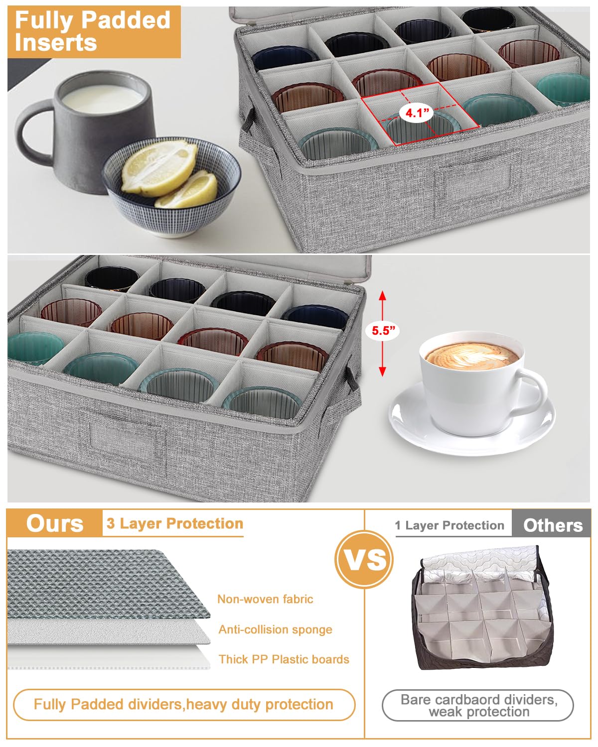 Punemi Stackable Mug Storage Box with Dividers & Rigid Support - Coffee Cup & Tea Cup Organizer with Lid - Durable Drinking Glass Storage Container for Kitchen, Office, or Moving Supplies