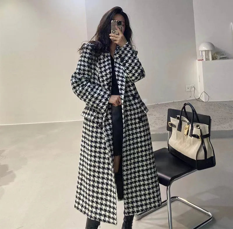 Stylish Women's Houndstooth Faux Wool Jacket - Korean Style Elegant Single-Breasted Long Overcoat for Autumn & Winter | Warm Thick Blend Outerwear for Office, Dating & Casual Outings