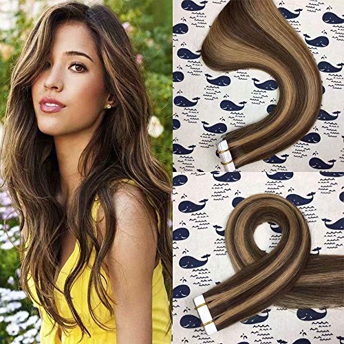 HIKYUU 24 Inch Double Sided Tape for Hair Extensions - 50g/20pcs, Brown with Highlights, 4/27 Skin Weft, Seamless & Invisible Remy Human Hair Tape - Perfect for Secure & Natural-Looking Hair Extensions, Parties, Weddings & Daily Styling