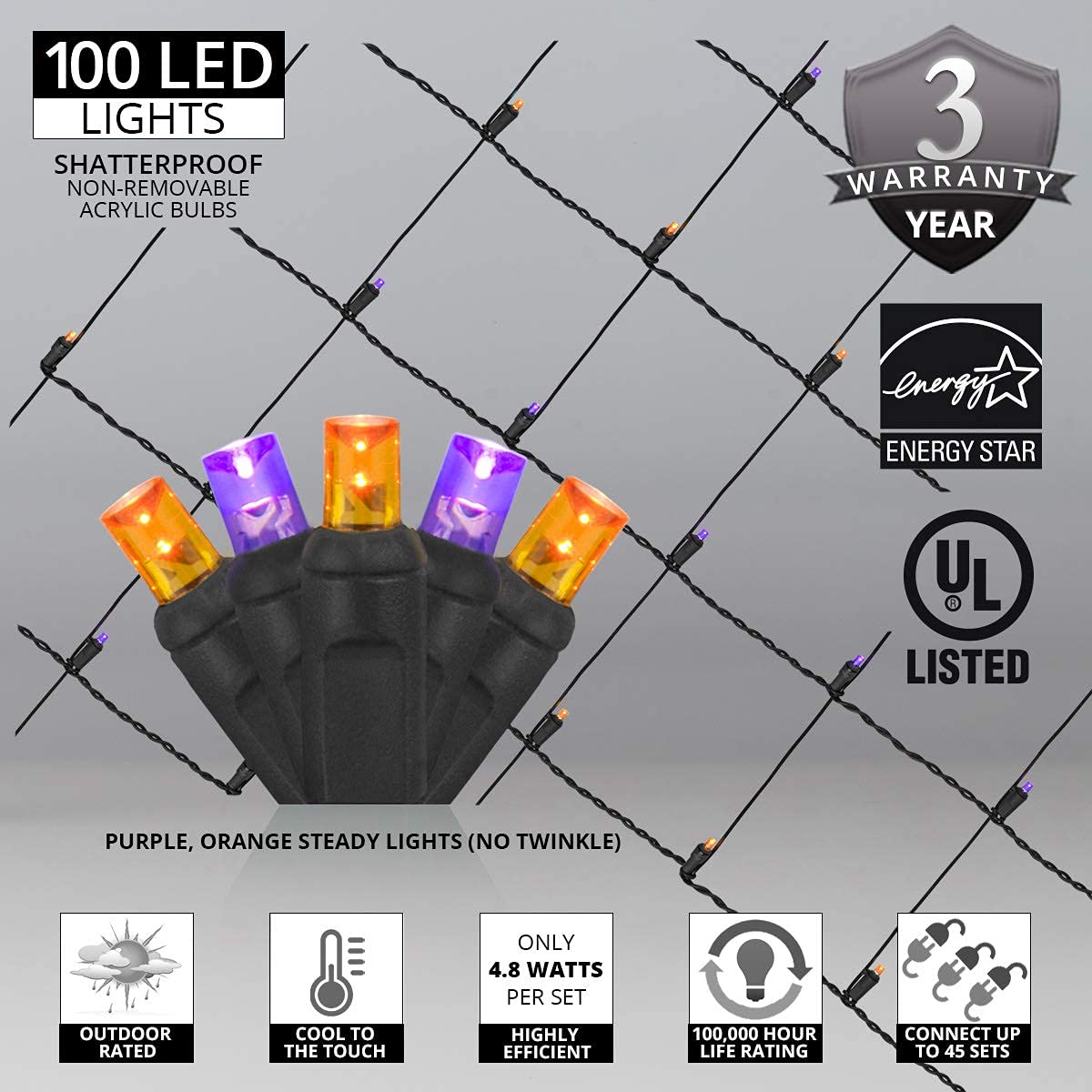 Halloween LED Net Lights - 100 Purple & Orange Mini Lights for Outdoor Decor