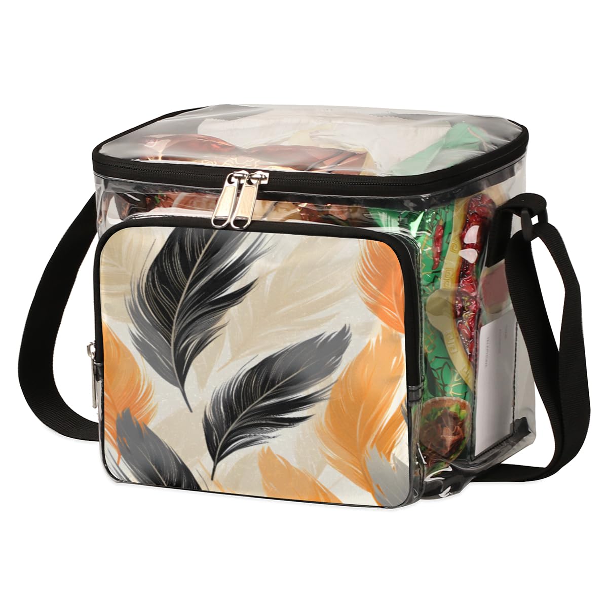 GzLeyigou Black & Yellow Feather Clear Tote Bag with Handles - Transparent Crossbody Shoulder Purse for Women, Lunch Bag - Perfect for Outdoor Travel, Picnic, Concerts & Sports Events (Stadium Approved)
