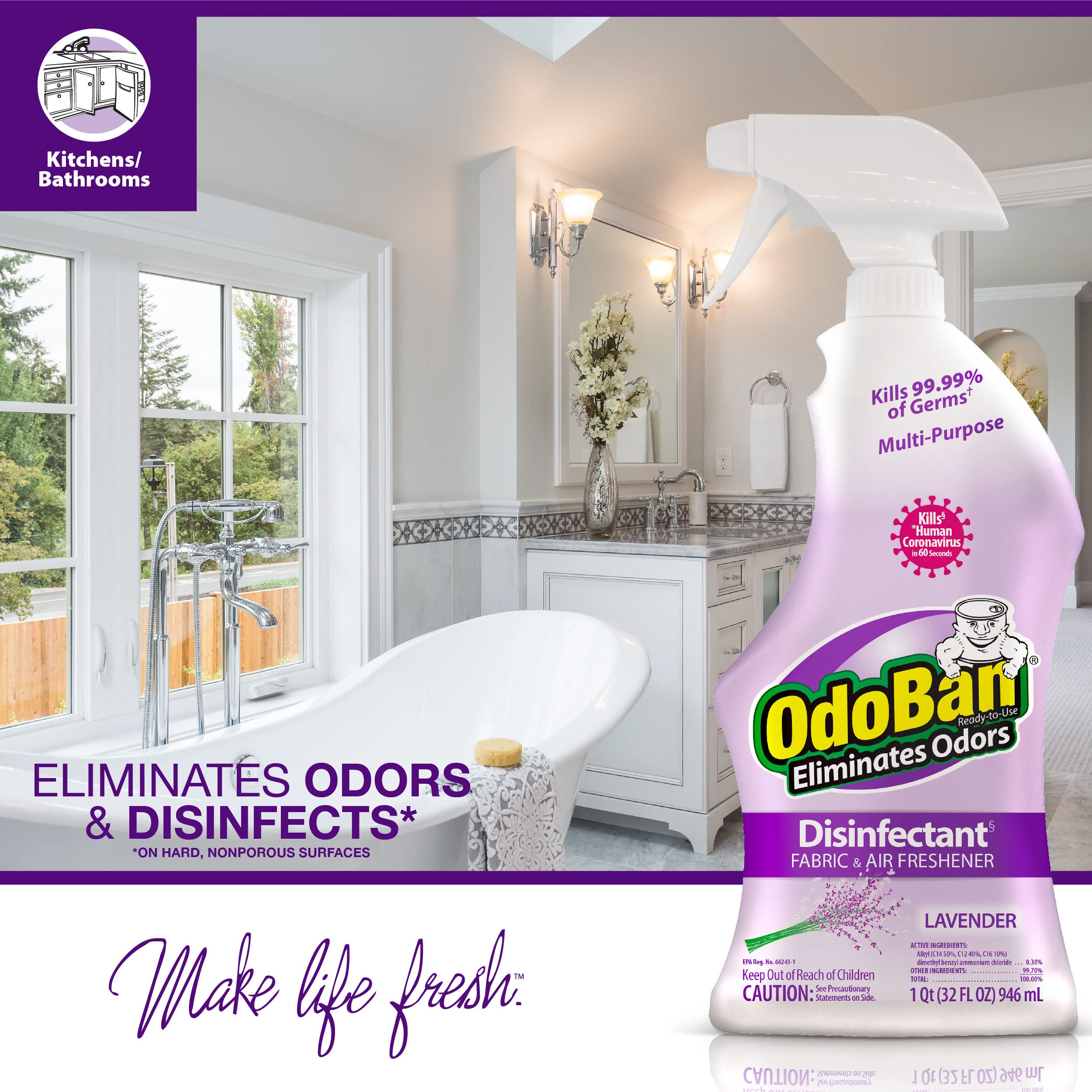 OdoBan Ready-to-Use Disinfectant & Odor Eliminator Spray - 4 Pack (32oz Each) | Lavender Scent | Kills Germs & Freshens Air | Perfect for Home, Office & Gym Cleaning