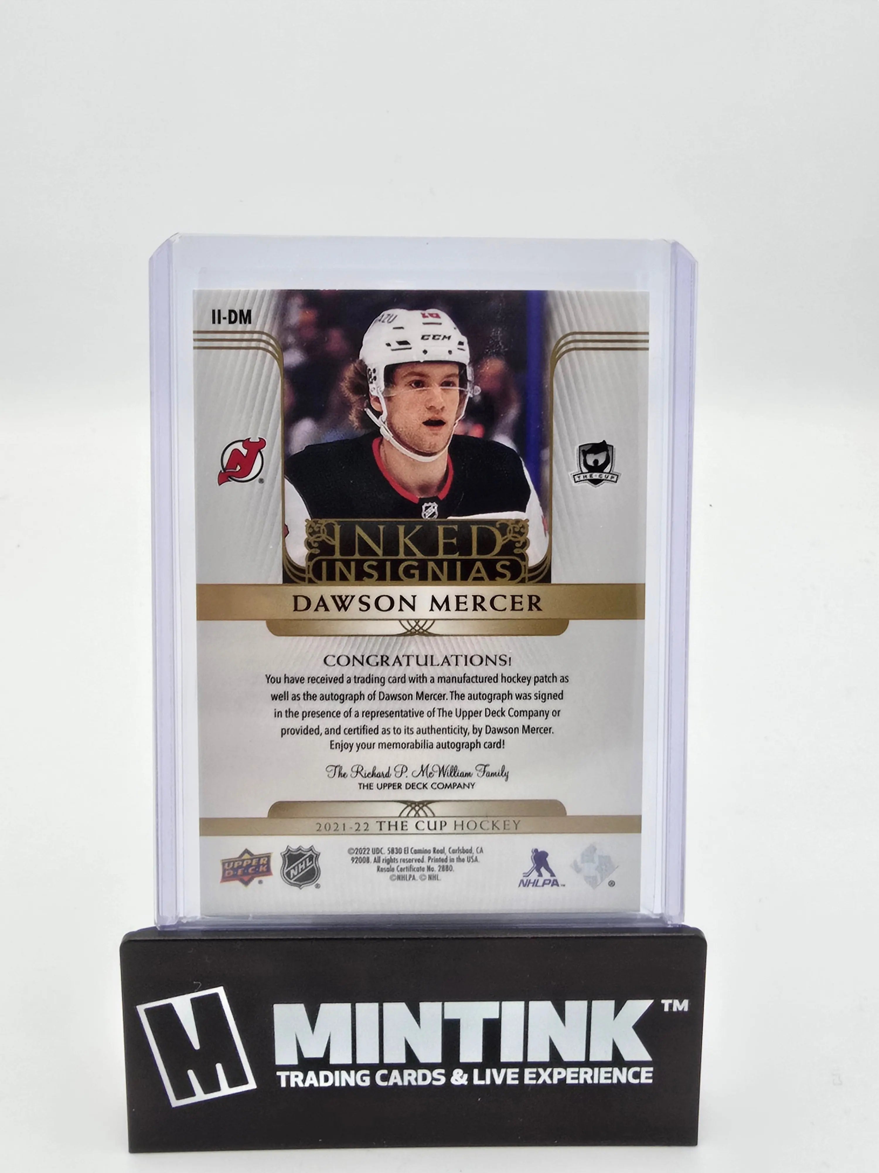 2021-22 Upper Deck The Cup Hockey Dawson Mercer Inked Insignias Gold Autograph Card 22/75 #II DM - Perfect for Hockey Card Collectors and Sports Memorabilia Enthusiasts