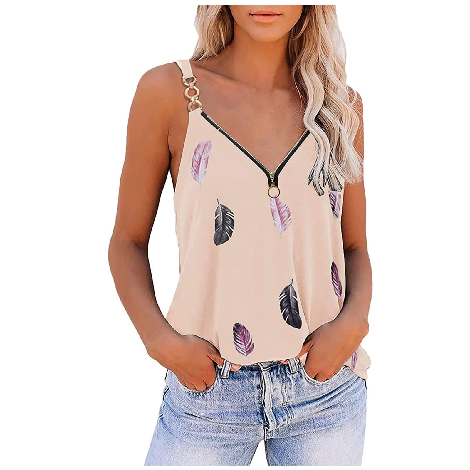 Women's Summer Cami Tank Tops - V-Neck Zipper Printed Sleeveless Blouse, Trendy Casual Loose Tunic Shirt for Going Out | Perfect for Beach, Vacation, and Summer Outfits