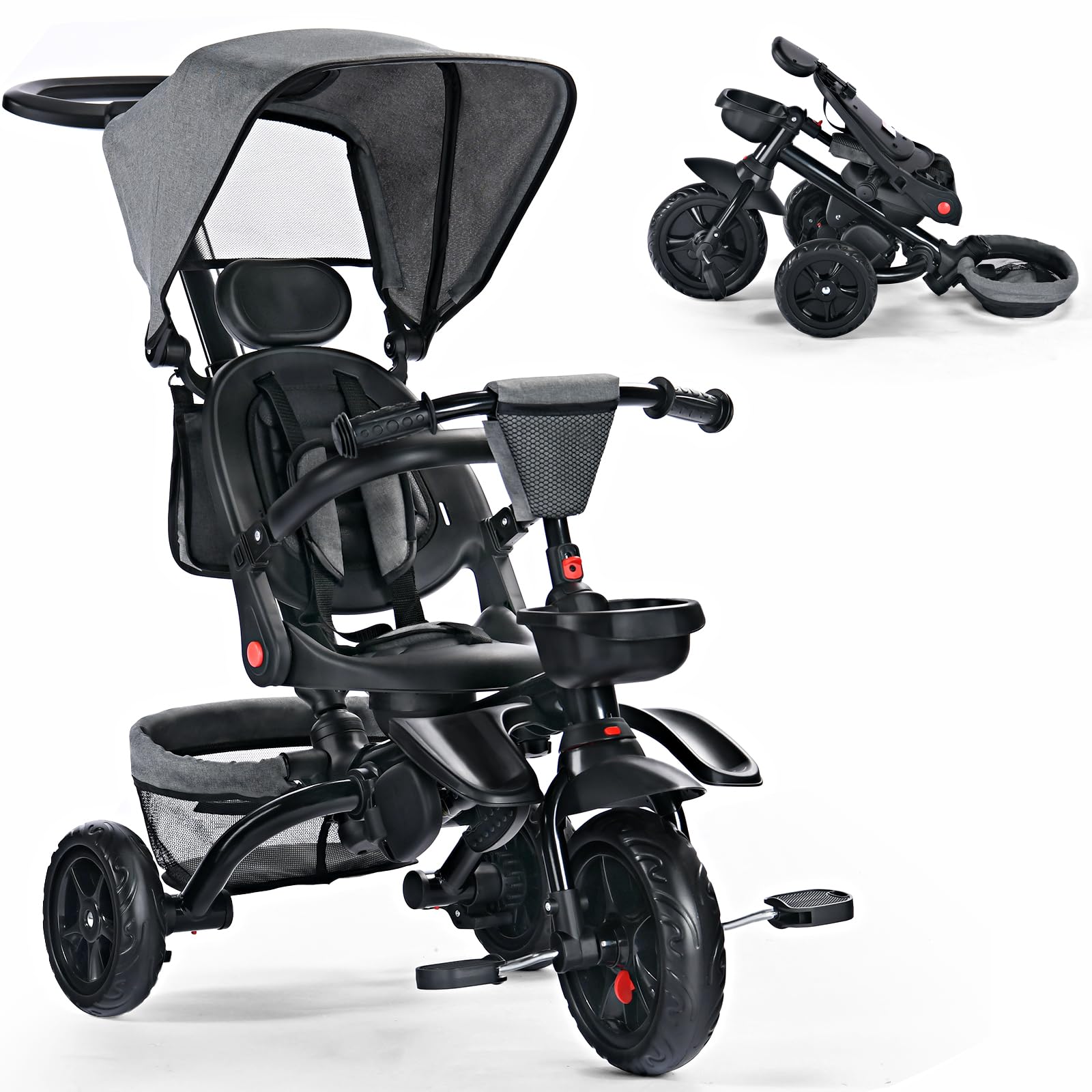 8-in-1 Foldable Kids Tricycle with Removable Canopy & Parent Push Handle - 360° Swivel Seat Toddler Bike Stroller for Children Ages 1-5 Years - Lightweight EVA Wheels & Storage Basket (Grey) - Perfect for Park Rides, Outdoor Play & Family Walks