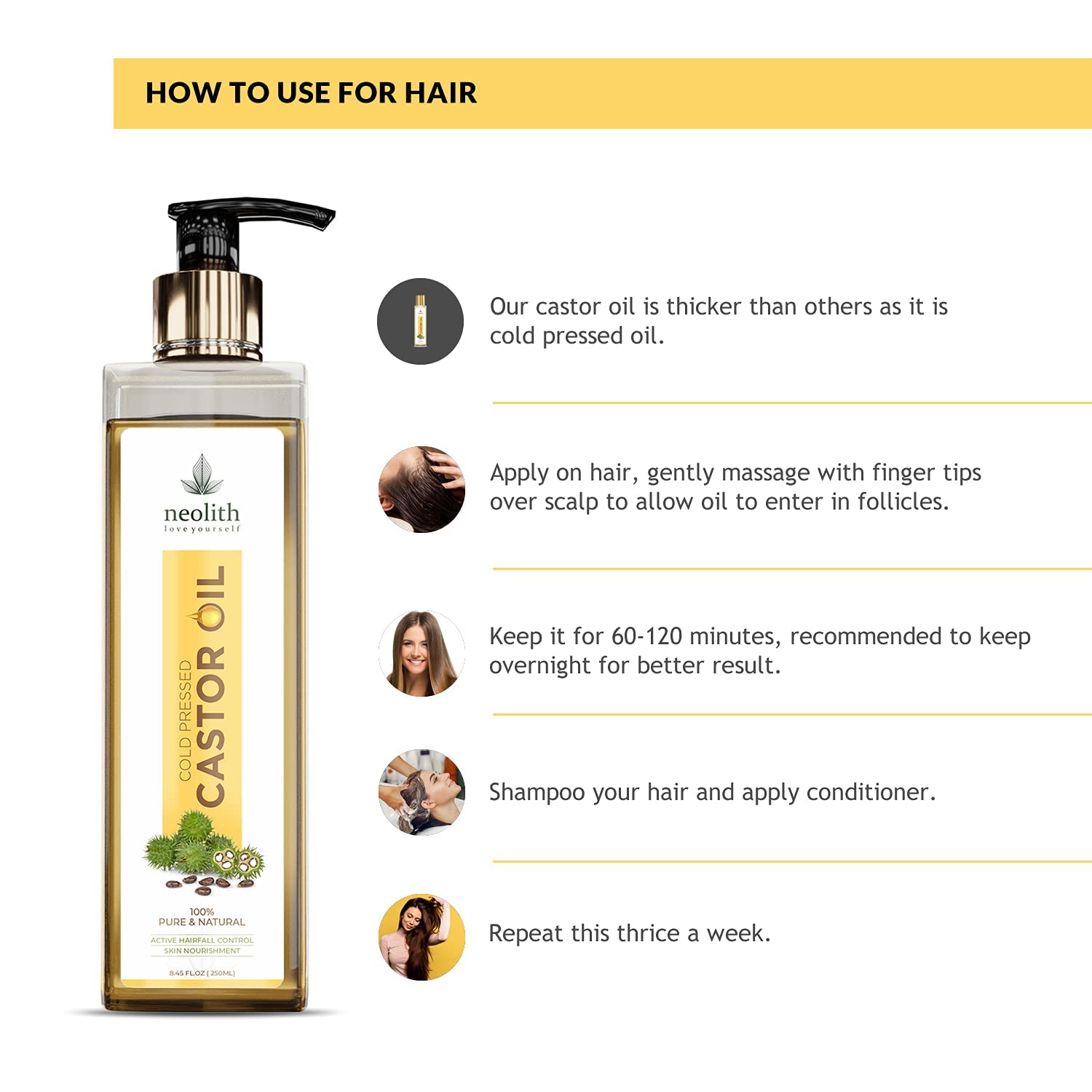 Organic Cold Pressed Castor Oil for Hair Growth & Skin Care - 250ml