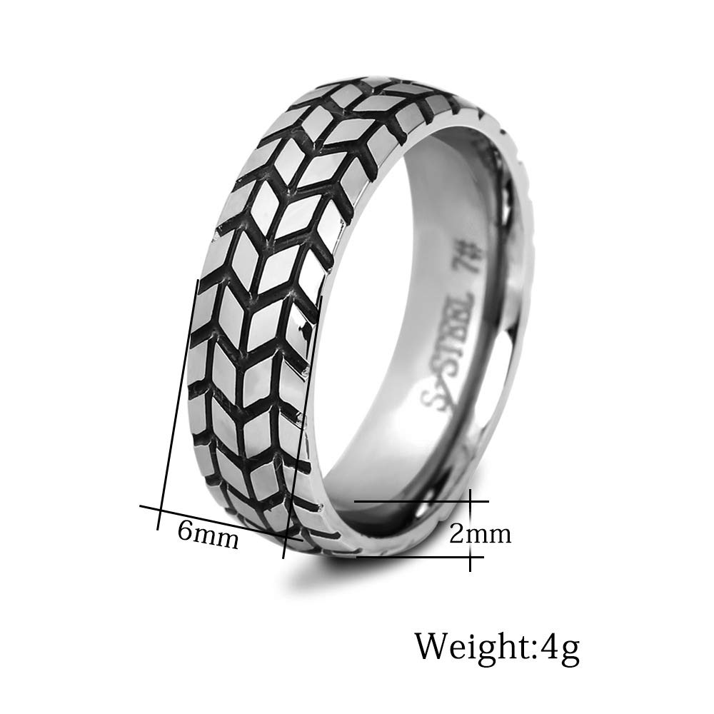 6mm Stainless Steel Tire Tread Motorcycle Band Ring for Men - Rugged Biker Jewelry for Everyday Wear & Motorcycle Enthusiasts