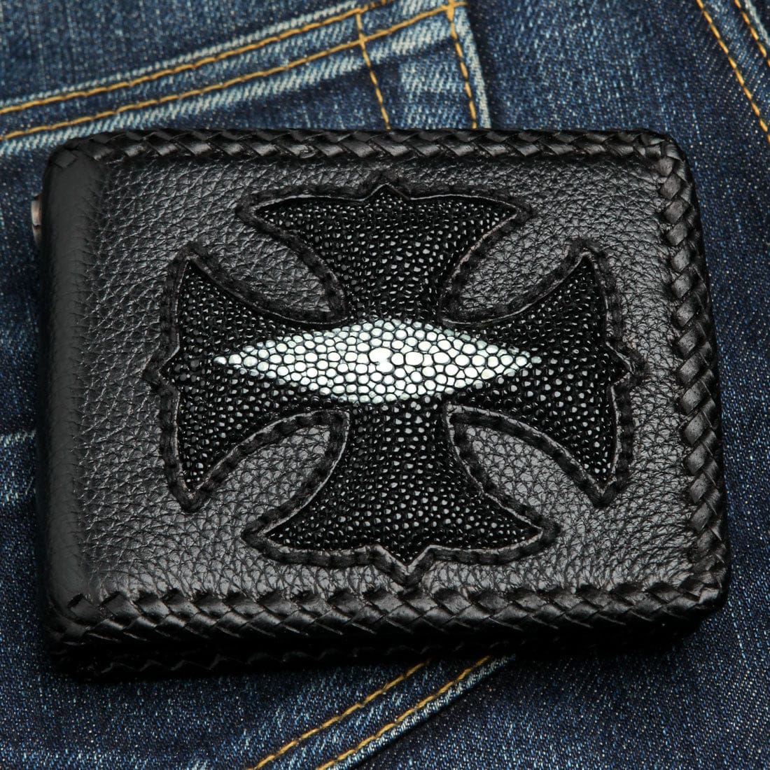 Genuine Stingray Leather Biker Wallet with Black Cross Inlay - Stylish & Durable Men's Wallet for Motorcycle Riders & Everyday Use