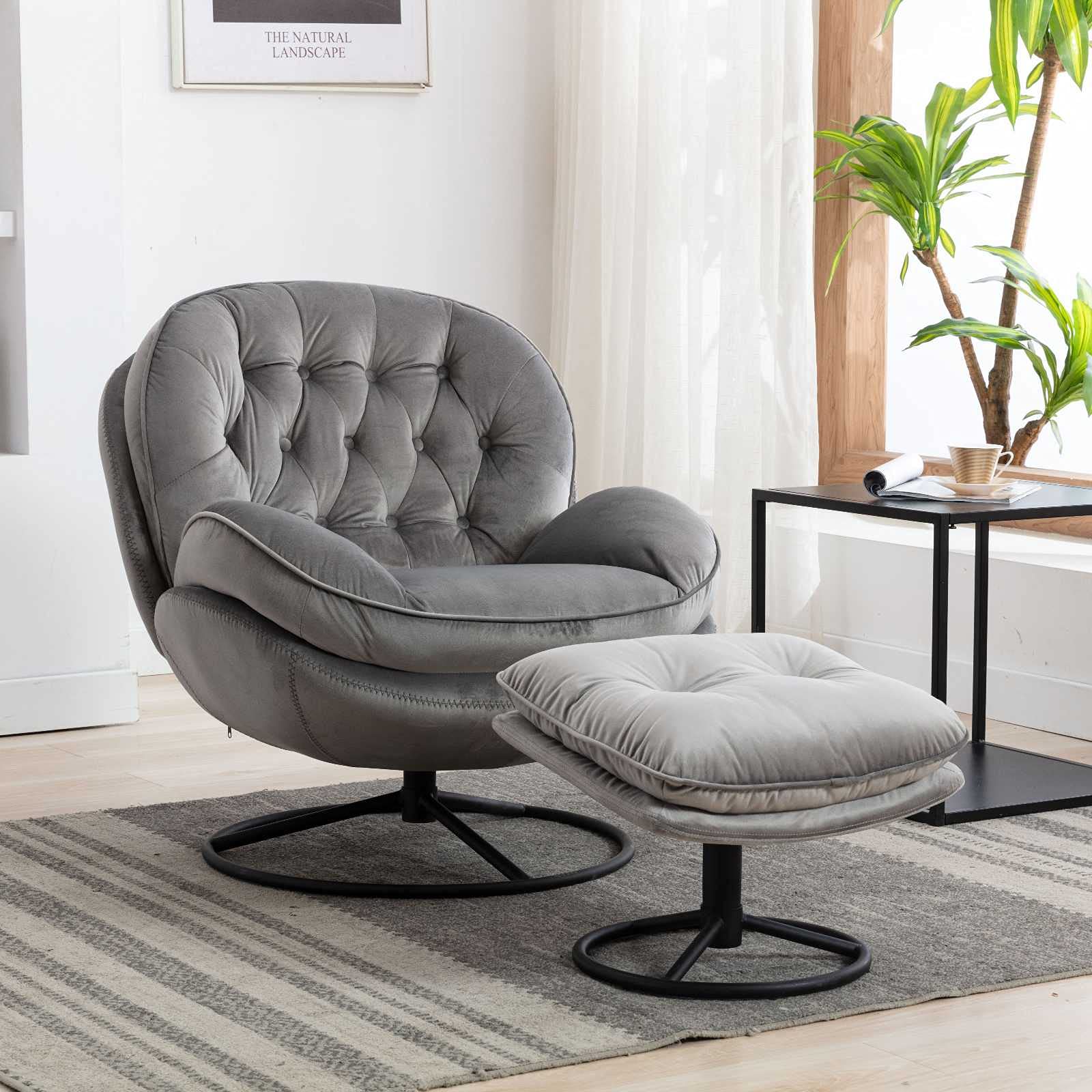 Velvet Swivel Accent Chair with Ottoman - Modern Living Room Lounge Chair with Footrest, 360 Degree Rotation, Comfortable Sofa Chair for Reading, Relaxing & Home Decor