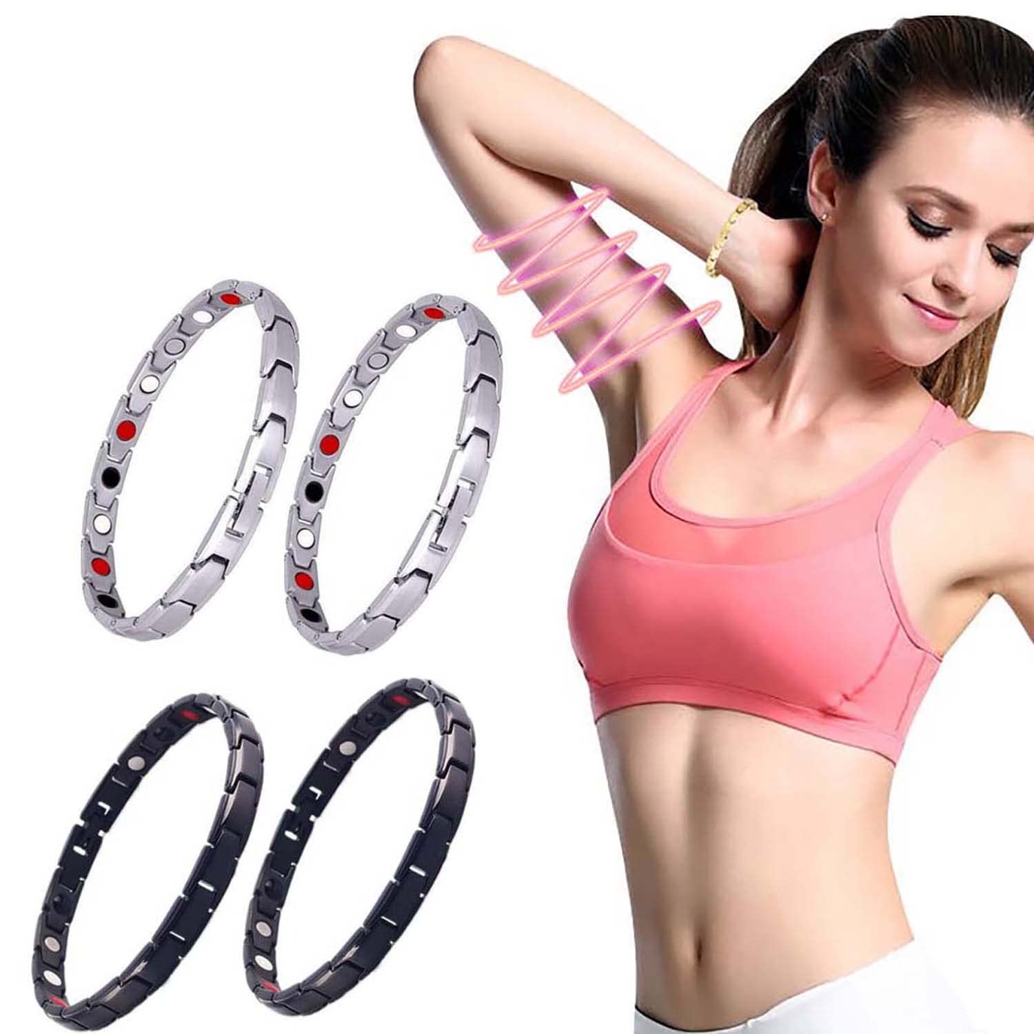 Lymph Detox Magnetic Bracelet for Women - 2 Black & 2 Silver Bracelets Set for Lymphatic Drainage, Detoxification & Weight Loss | Wear During Yoga, Workout or Daily Activities