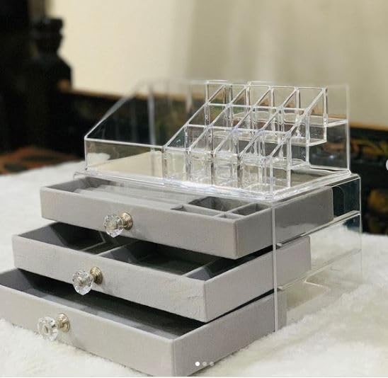 Seadra 3-Layer Velvet Jewelry Storage Box with Glass Cover - Gray Jewelry Organizer Case for Rings, Earrings & Necklaces - Perfect for Travel, Home Display & Gift Giving