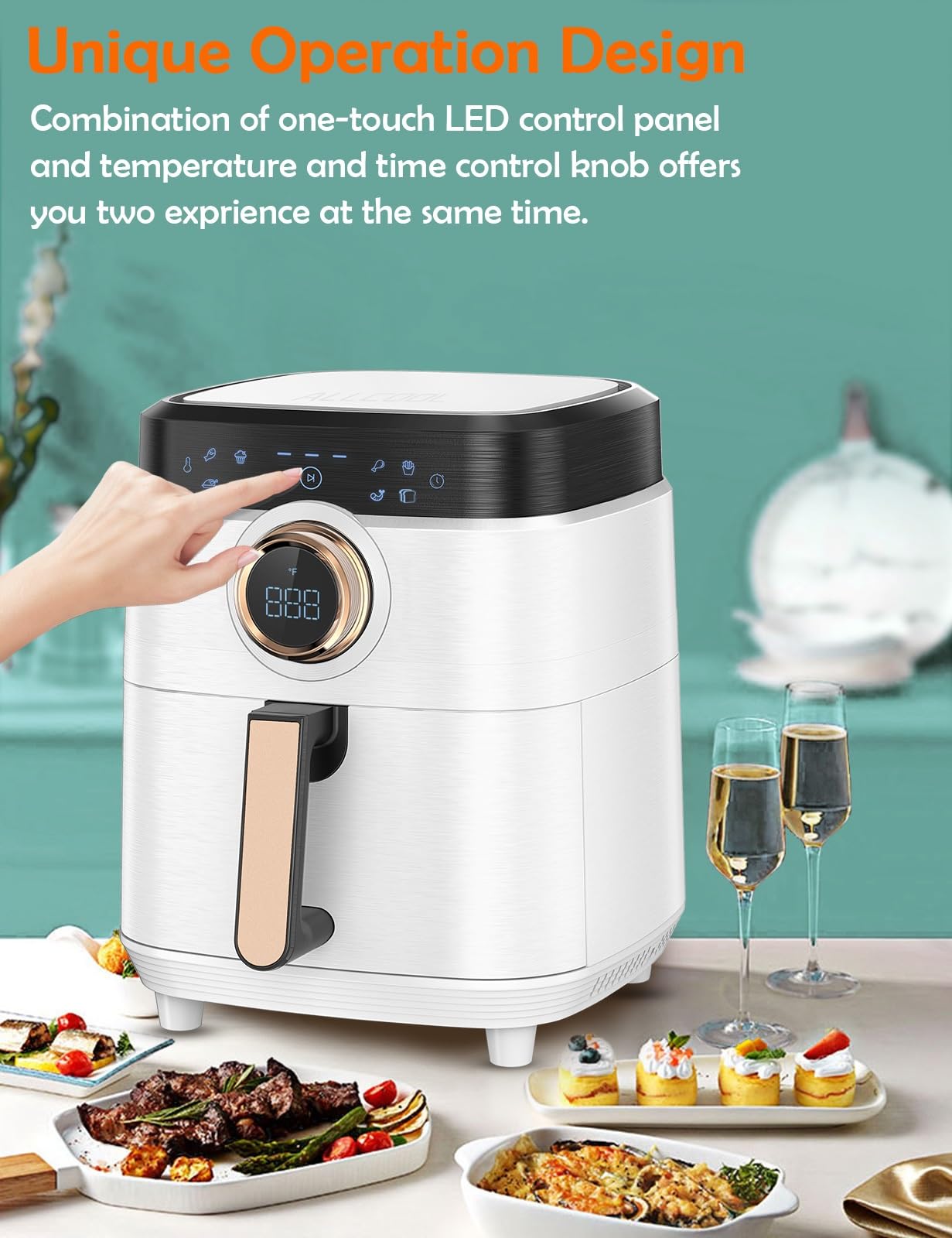 ALLCOOL 8QT Large 1700W Air Fryer Oven with Touch Screen - 8-in-1 Multi-Function Countertop Convection Oven, Dishwasher Safe Nonstick Basket, 36 Recipes Included, BPA & PFOA Free (White) - Perfect for Healthy Frying, Baking, Roasting, and Reheating Meals for Families
