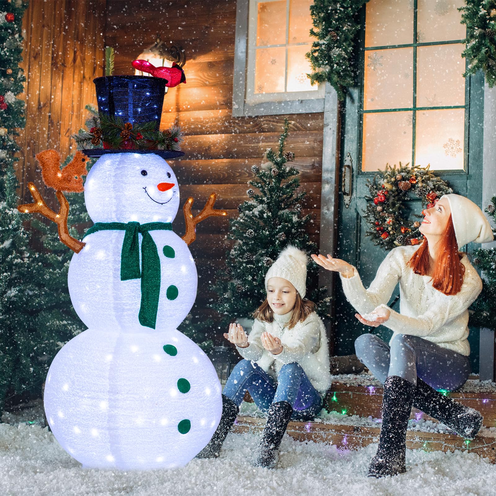 NALONE 6FT LED Lighted Snowman Outdoor Christmas Decor - 200 Warm White Lights with Timer, Collapsible Holiday Yard Decoration Featuring Fluffy Snowman with Bird & Squirrel - Perfect for Front Yard, Porch, and Garden Holiday Displays