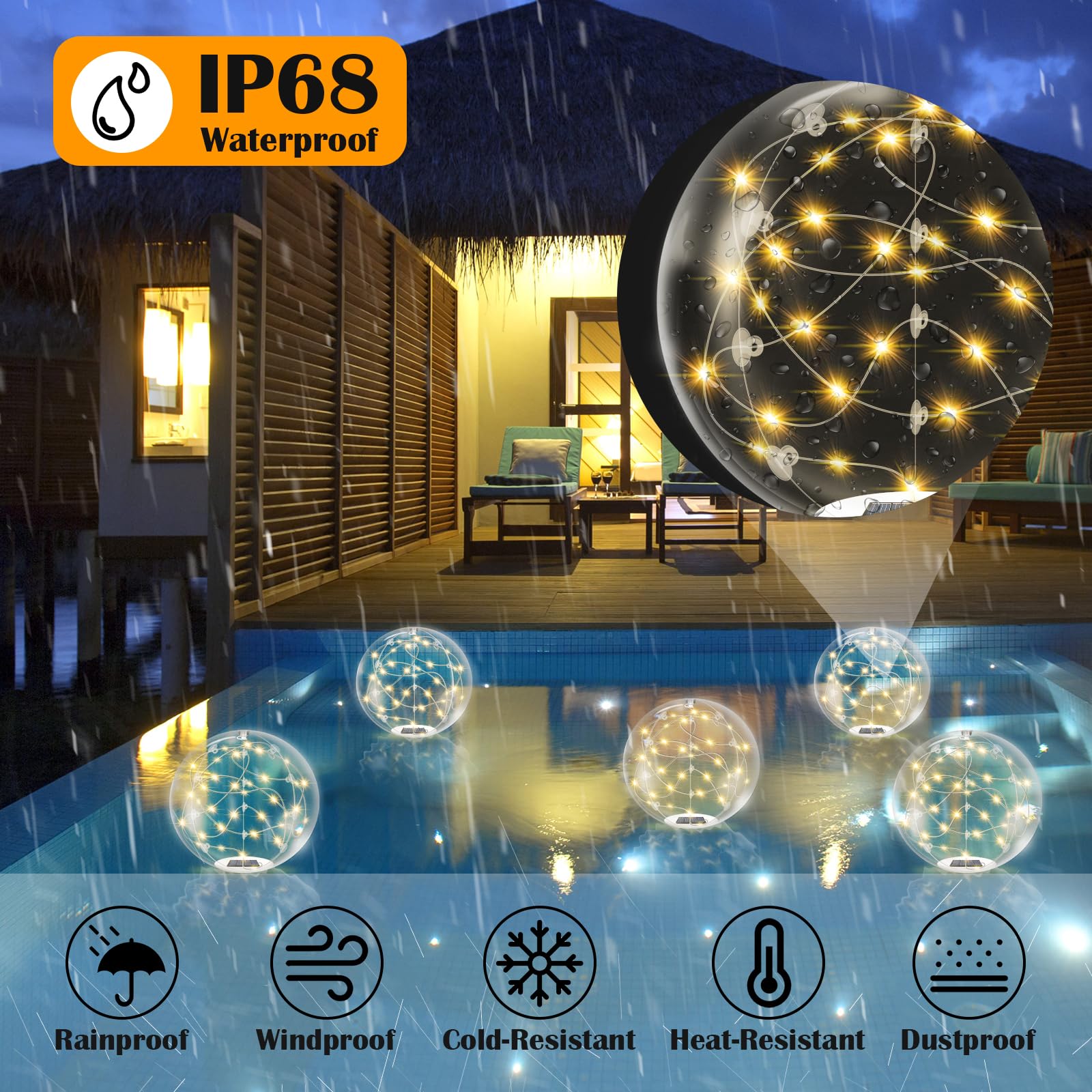 Solar Powered Floating Pool Lights - 14 Inch 3000K Warm White Inflatable LED Glow Balls, IP68 Waterproof for Inground Pools, Christmas & Outdoor Decorations - Perfect for Night Swimming, Pool Parties, and Holiday Lighting