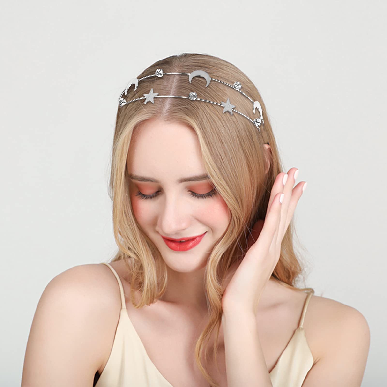 **Aswewamt 2-Piece Alloy Moon and Five-Pointed Star Headbands – Elegant Bridal Hair Hoops for Women & Girls – Perfect for Weddings, Parties, and Boho Styling**