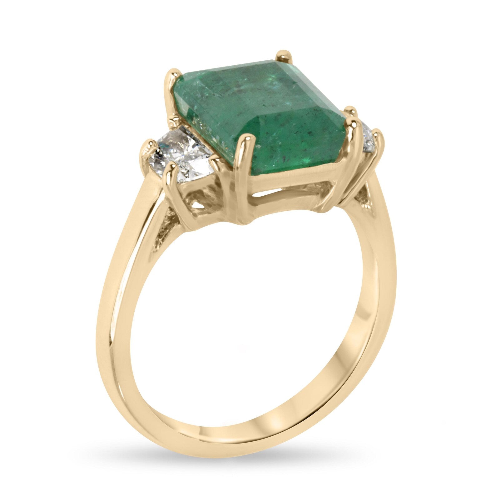 4.88tcw Natural Emerald & Lab-Created Half Moon Diamond 14K Gold Three Stone Ring for Engagement, Wedding, Anniversary & Special Occasions