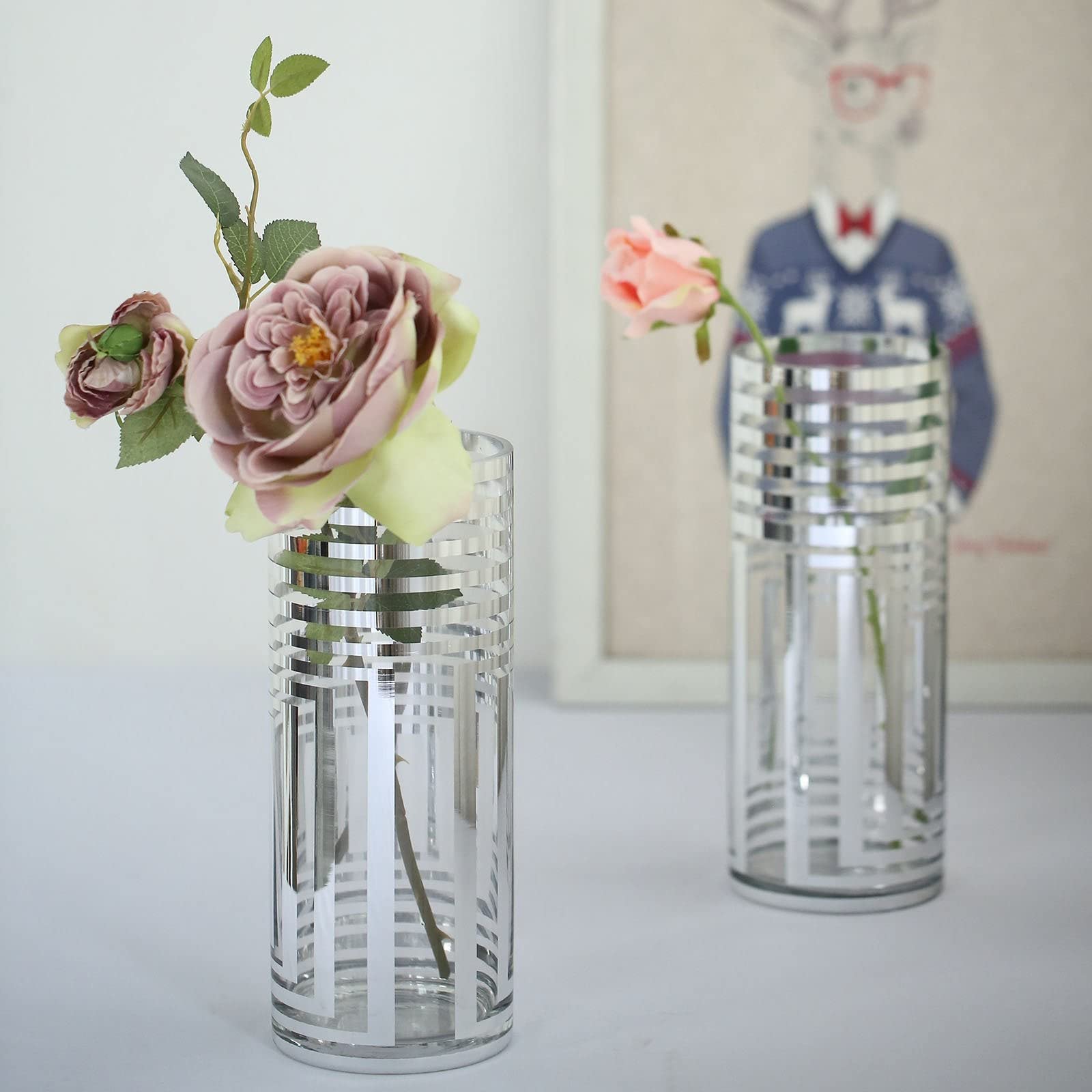 Efavormart 2 Pack 12 Inch Silver Striped Cylinder Glass Vases for Wedding Centerpieces, Floral Arrangements, Home Decor and Party Decorations