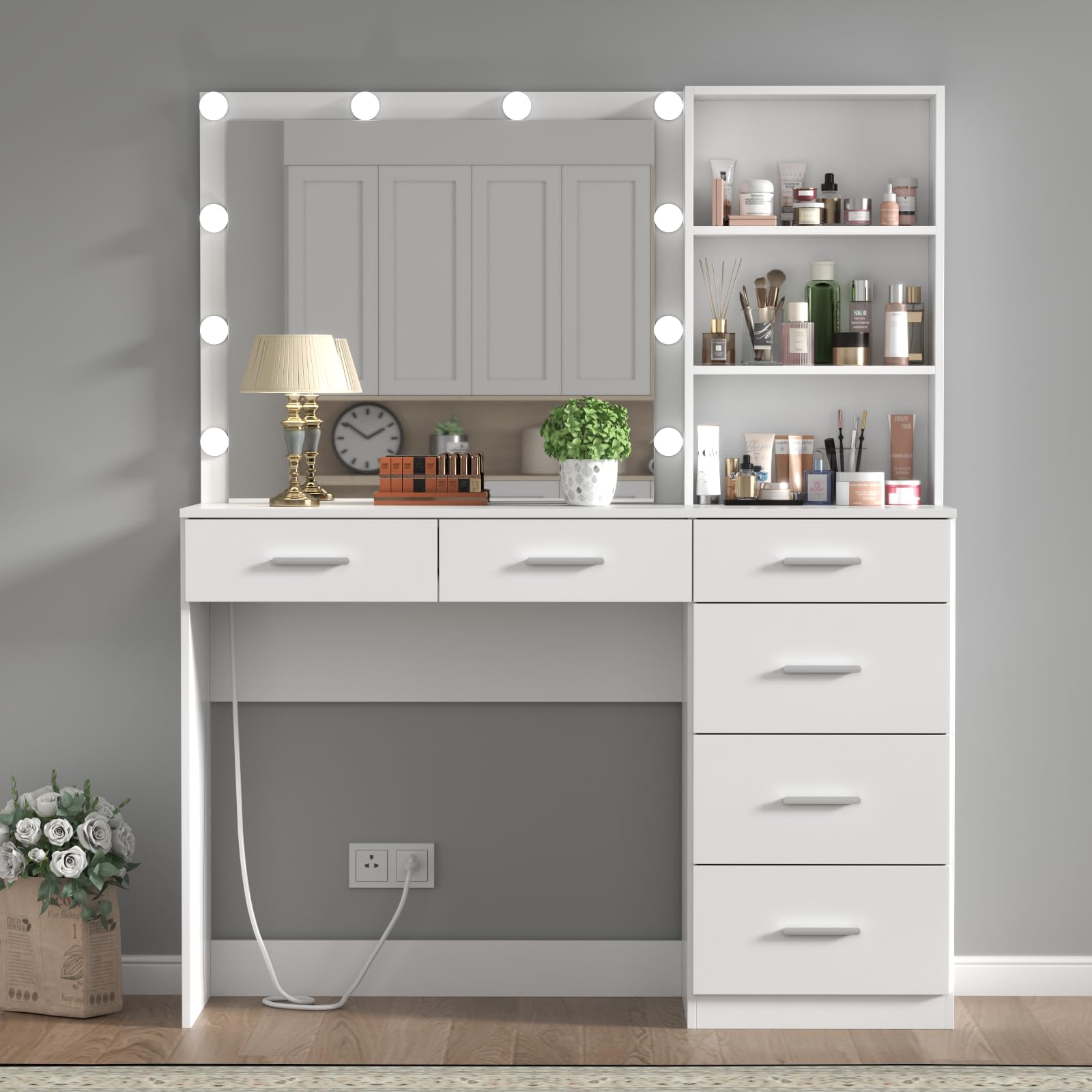 39 Inches White Vanity Desk with LED Lights & 6 Drawers - Makeup Dressing Table with Power Strip, Storage Shelves & Lighted Mirror for Women & Girls - Perfect for Bedroom, Dorm Room & Beauty Salon