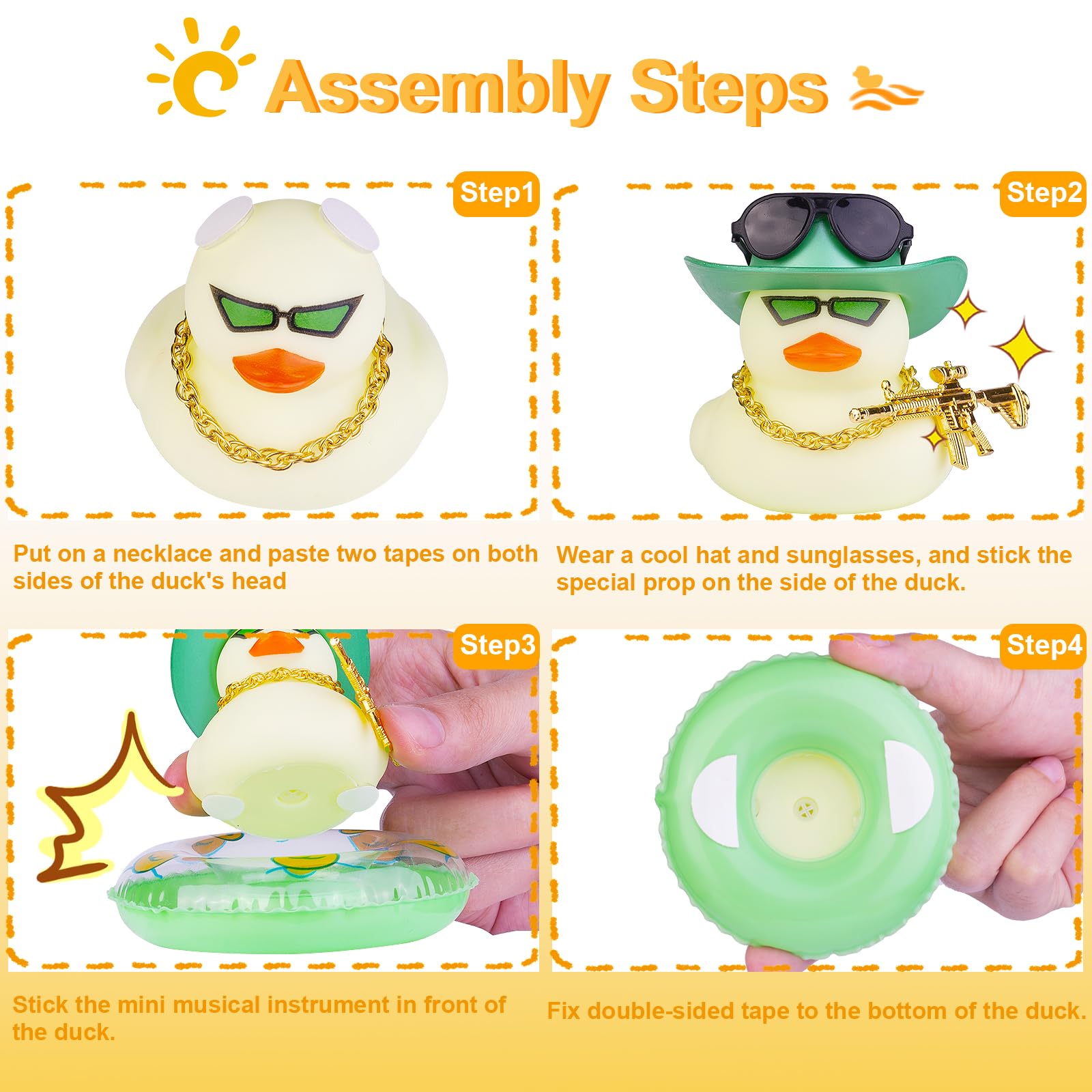 Vibrant Rubber Duck Car Dashboard Decor - Cute Duck Figurines with Mini Hat, Swim Ring, Necklace & Sunglasses - Fun Dashboard Accessories for Cars, Home & Office Decoration - Perfect Gift for Duck Lovers & Auto Enthusiasts