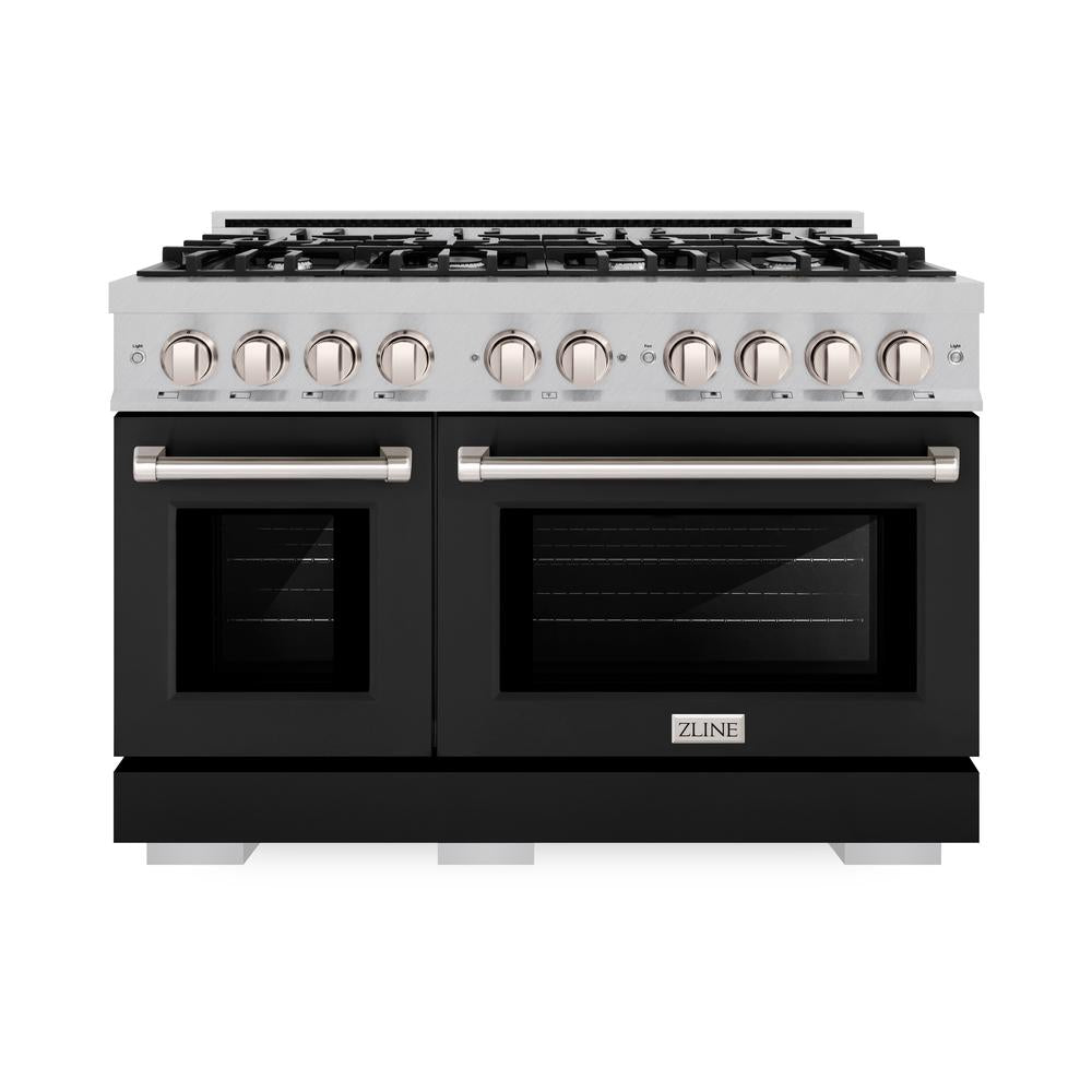 ZLINE 48-Inch 6.7 cu. ft. Dual Fuel Range with 8-Burner Gas Cooktop & Double Oven - Satin Stainless Steel with Black Matte Doors (HDRS BLM 48) - Perfect for Large Kitchens, Home Chefs & Entertaining