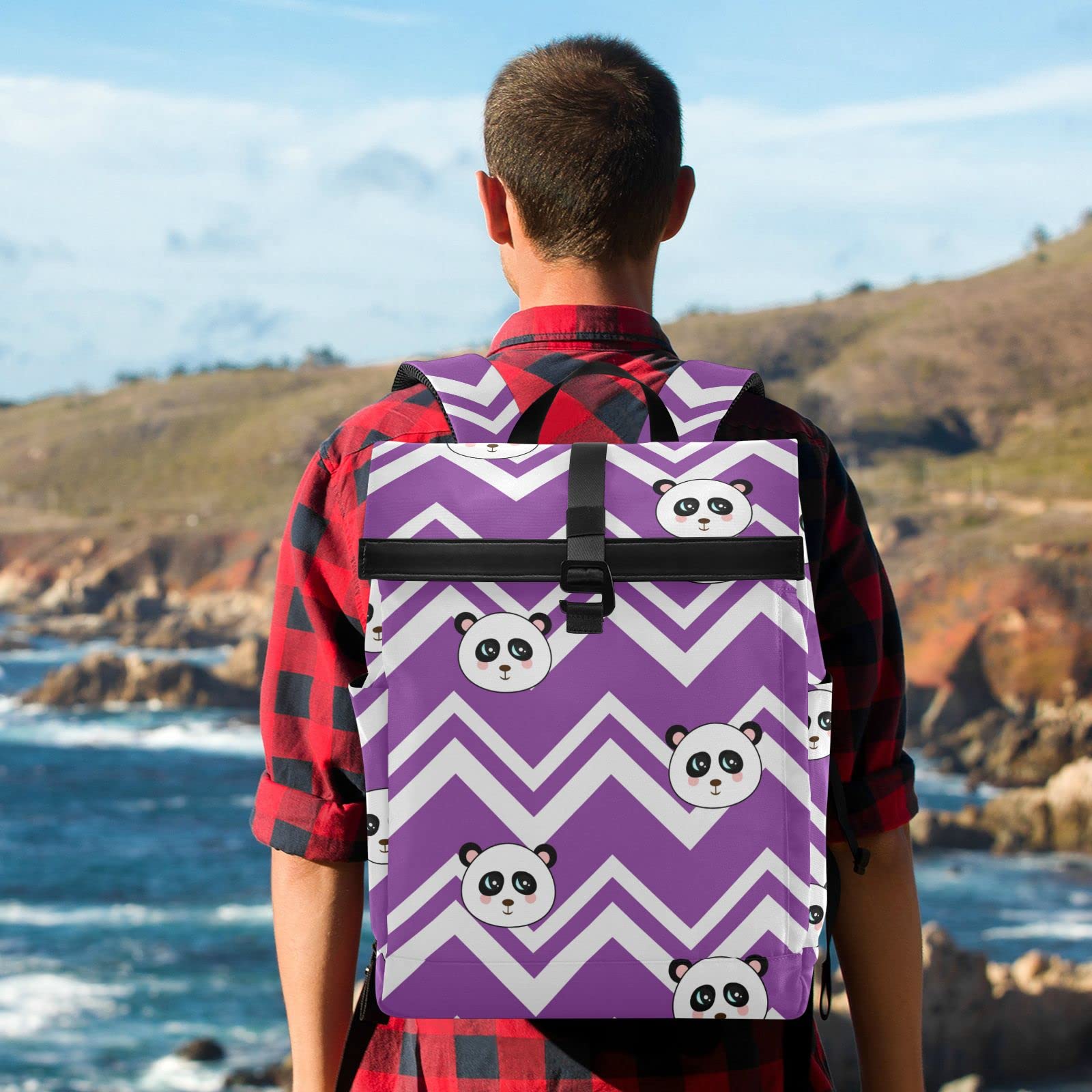 Acpiggto Roll Top Laptop Backpack - Cute Panda Design with Zigzag Stripes in Purple, Waterproof Travel Daypack for Hiking, Gym, Camping & School - Perfect for Work, College & Outdoor Adventures