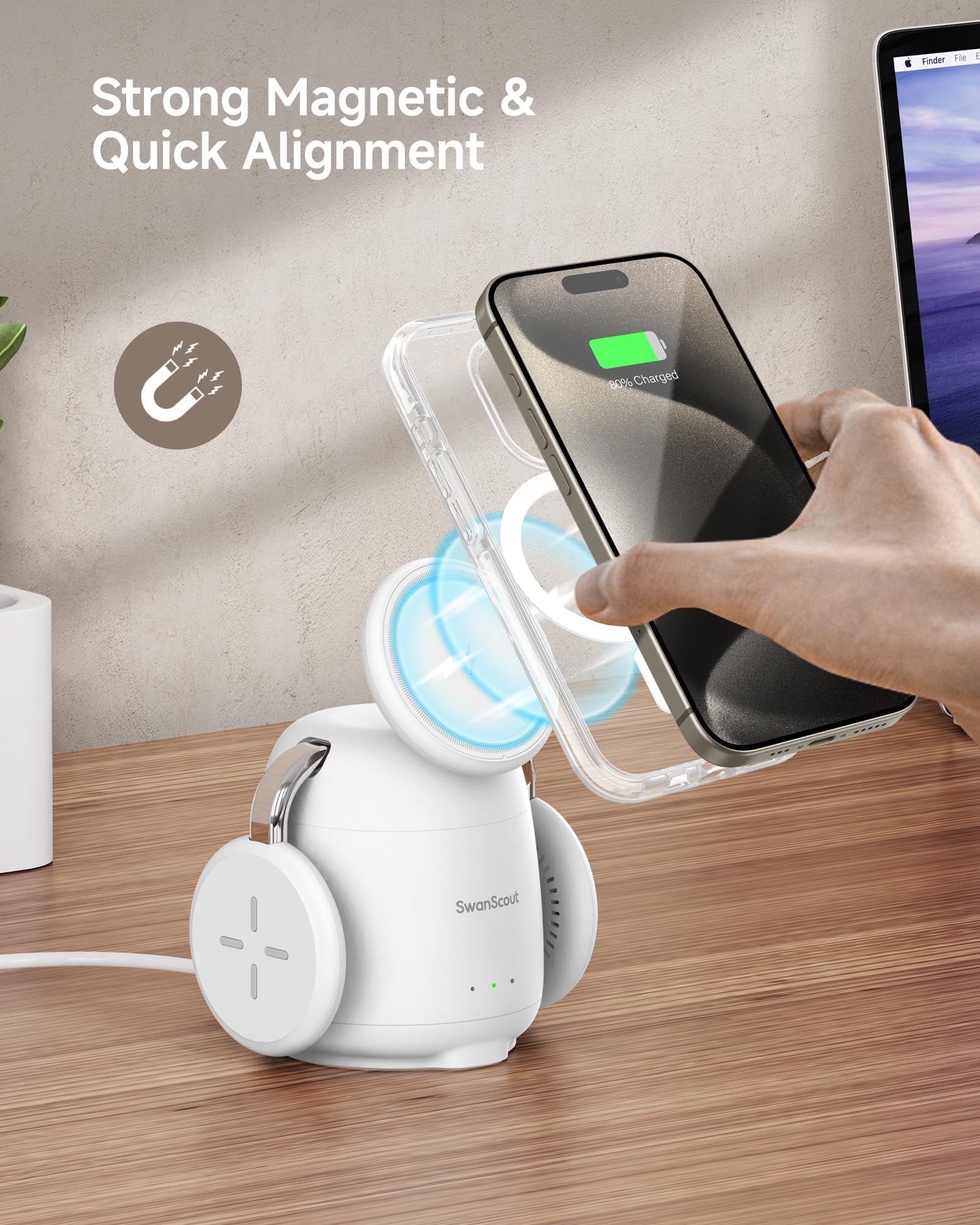 SwanScout 3-in-1 Magnetic Wireless Charging Station for iPhone 16/15/14/13/12 Series, Apple Watch & AirPods - Fast MagSafe Charger with Elegant Swan Design - Perfect for Bedside, Office Desk & Travel Accessories (Model 707M)