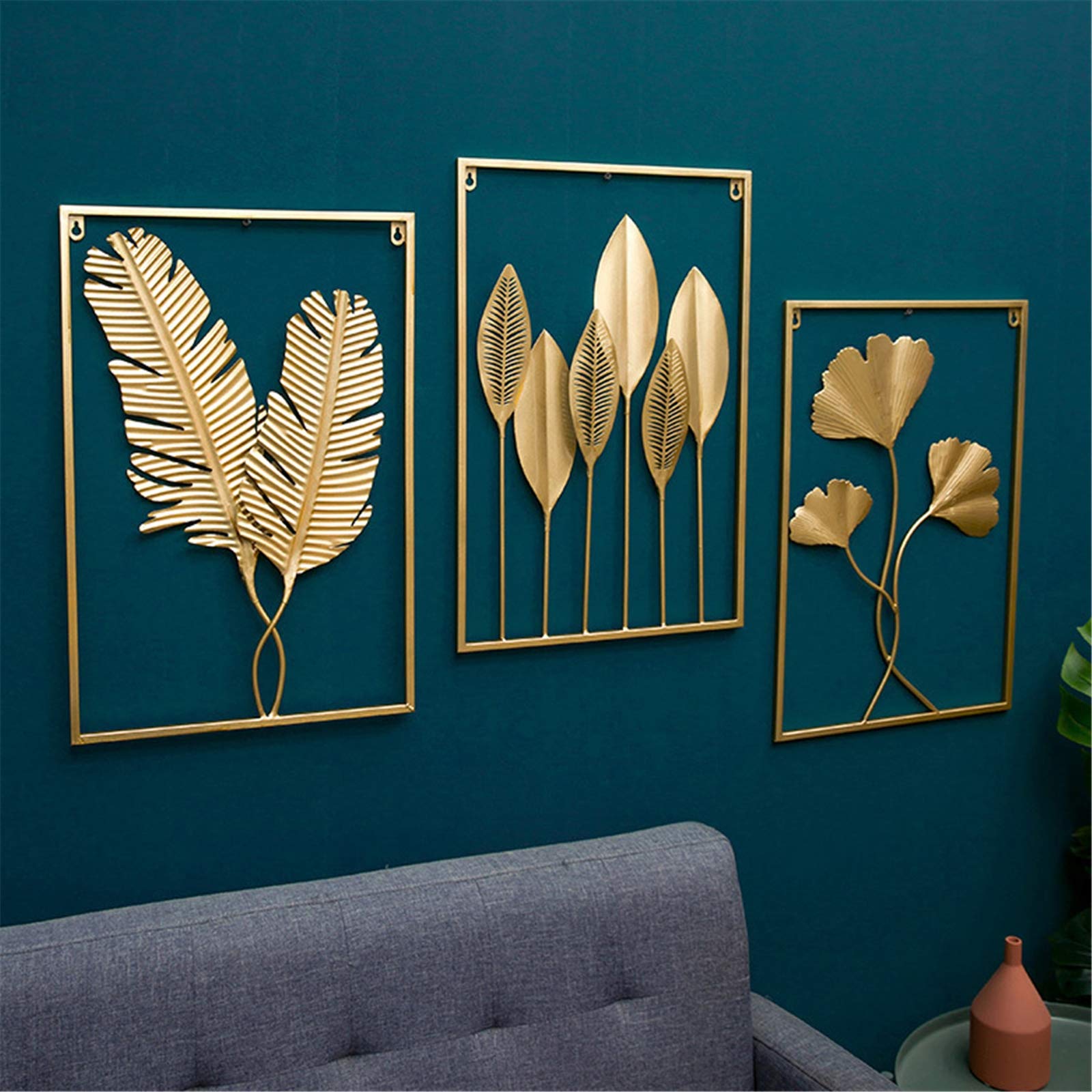 ANYURAN 3-Piece Golden Ginkgo Leaf Metal Wall Decor Set - Handcrafted Wrought Iron Hanging Art for Living Room, Bedroom & Office - Elegant Wall Sculpture for Sofa Background & Home Décor