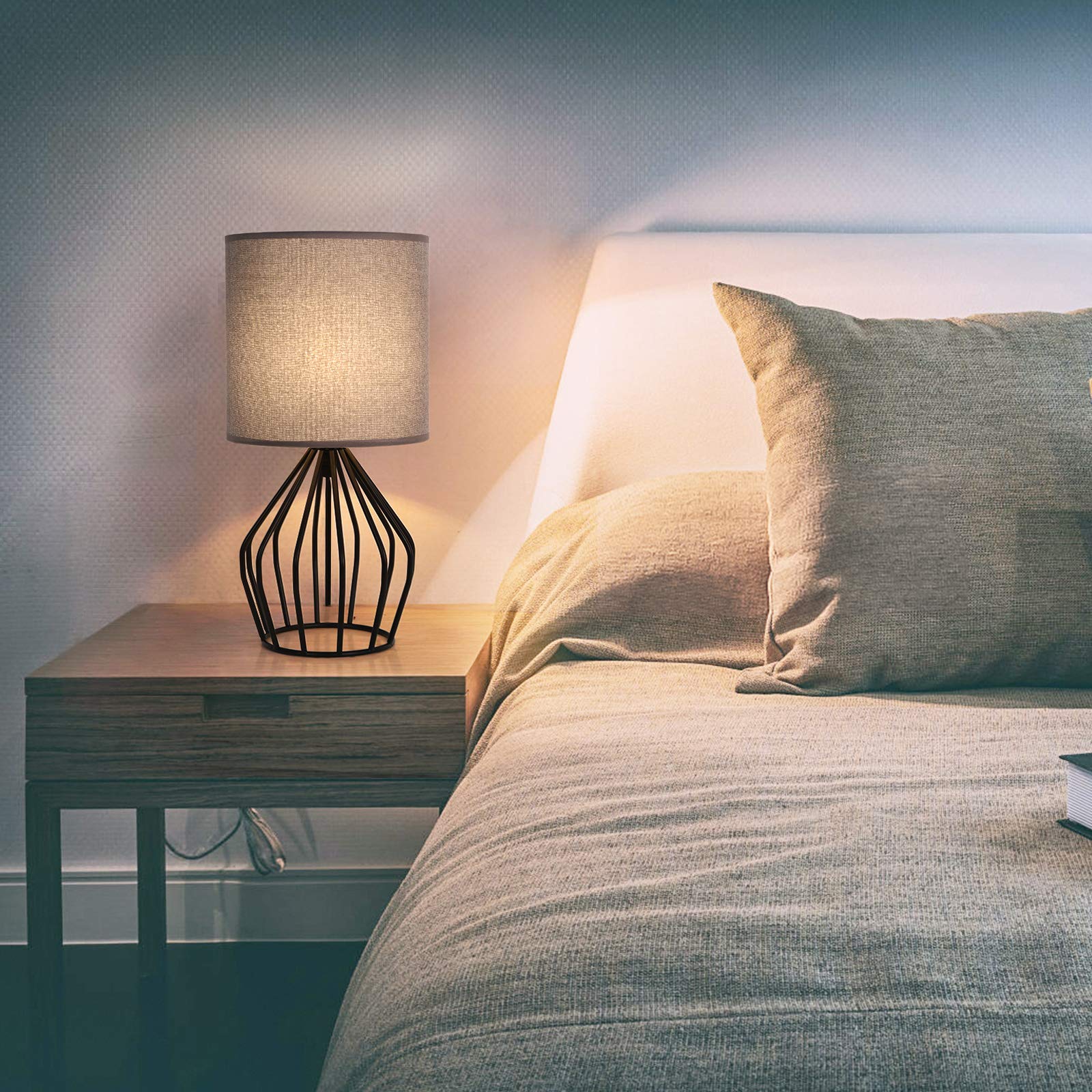 HAITRAL Farmhouse Table Lamp - Small Nightstand Lamp for Bedroom, Black Metal Cage Table Lamp with Hollowed Out Base for Living Room, Dorm, Office - Perfect for Cozy Reading Nook, Home Office Lighting and Bedside Ambience