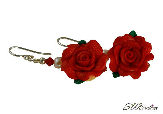 Elegant Red Pearl Rose Crystal Beaded Earrings for Women - Perfect for Weddings, Parties & Special Occasions