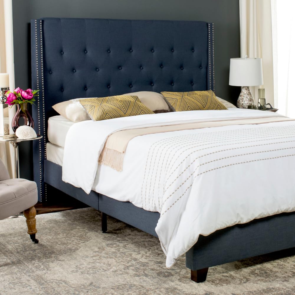 SAFAVIEH Blanchett Navy & Espresso Full Size Bed Frame - Modern Platform Bed with Upholstered Headboard - Perfect for Bedroom, Guest Room & Dorm Decor