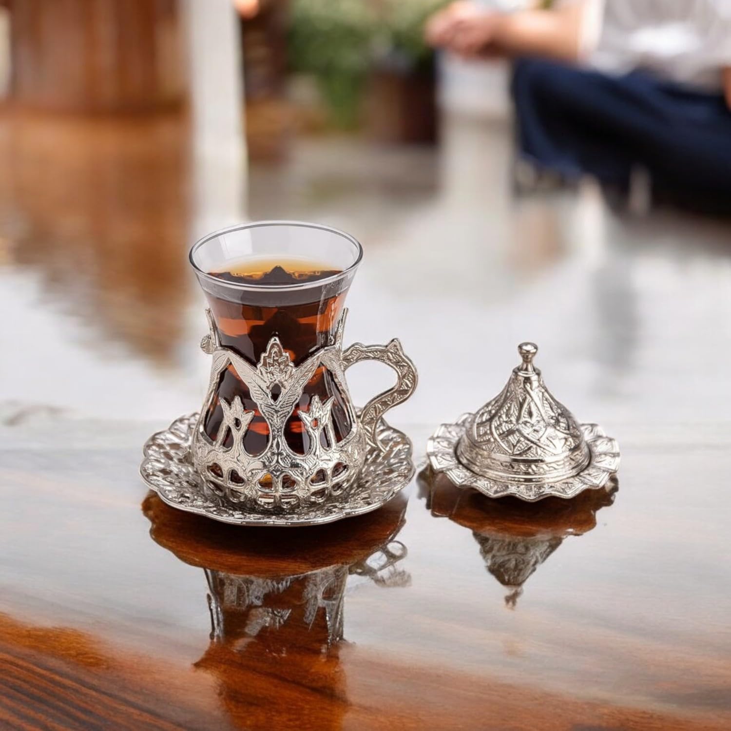 Handmade Turkish Tea Set of 6 - Silver Zamzam Glasses with Saucers - Traditional Middle Eastern Tea Serving Set for Home, Restaurant & Gift Giving