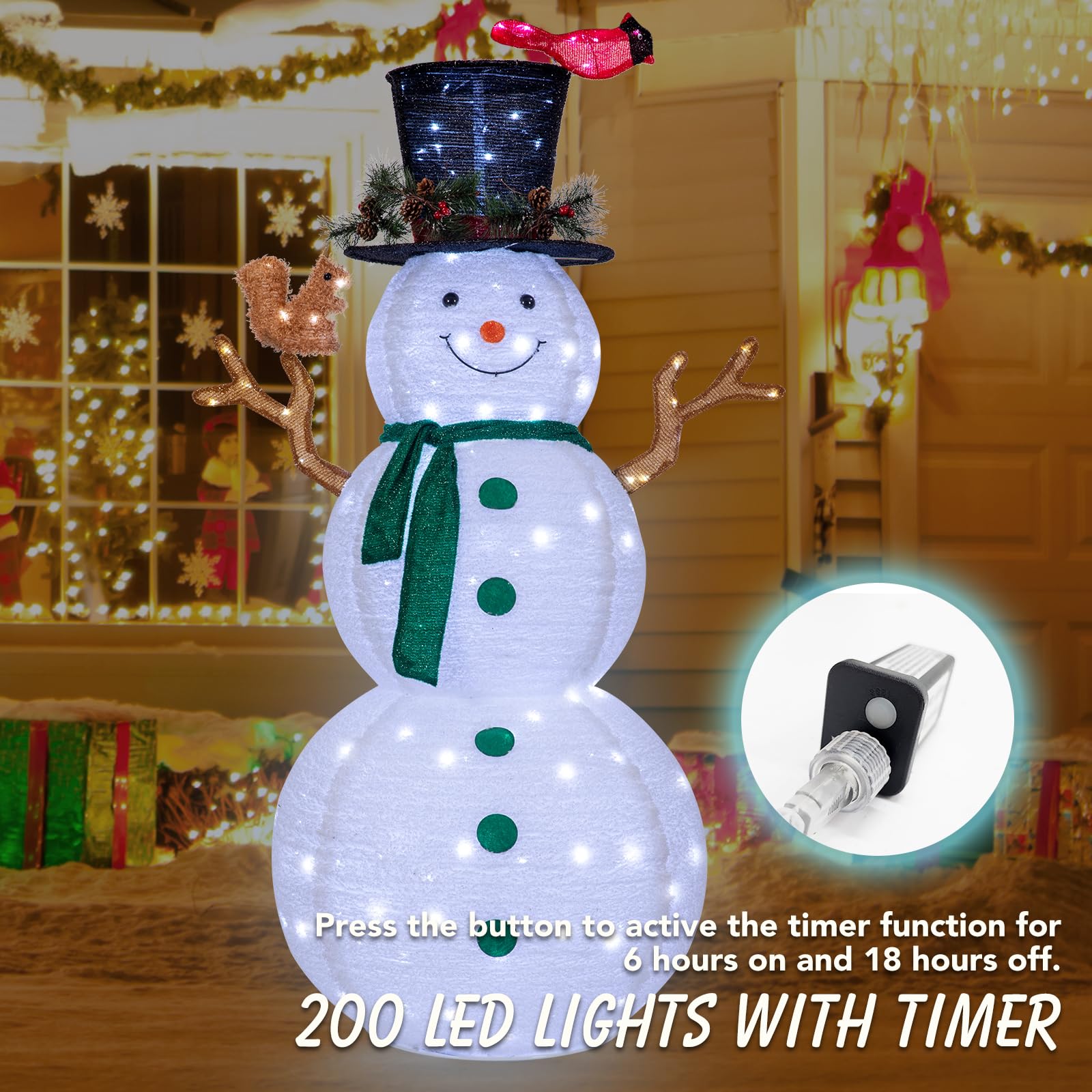NALONE 6FT LED Lighted Snowman Outdoor Christmas Decor - 200 Warm White Lights with Timer, Collapsible Holiday Yard Decoration Featuring Fluffy Snowman with Bird & Squirrel - Perfect for Front Yard, Porch, and Garden Holiday Displays