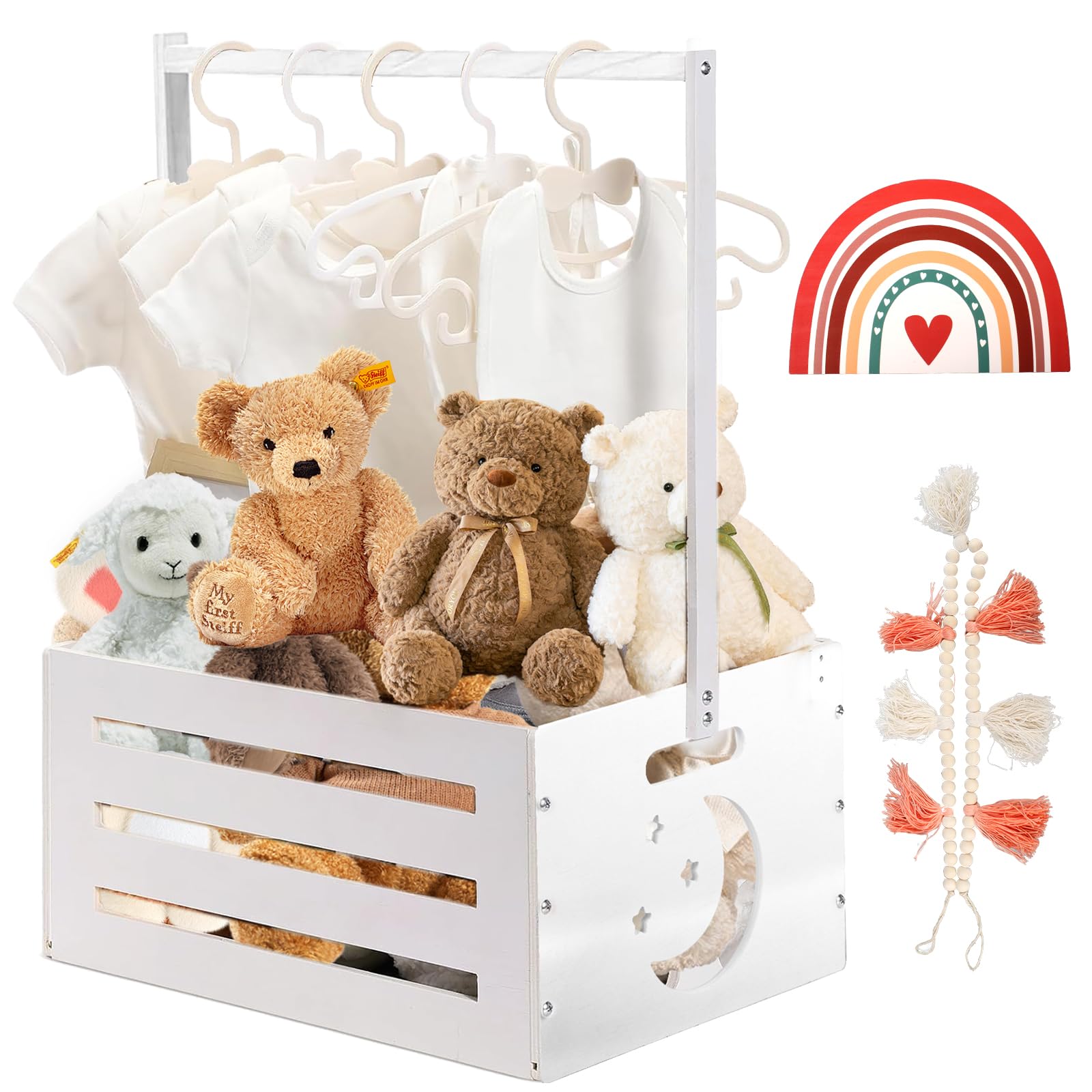Boho Rainbow Wooden Baby Shower Crate with Handle - Baby Storage Basket & Hamper for Newborns - Perfect Baby Shower Gift for Girls & Boys - Wooden Gift Crate for Pregnancy & New Parents - Ideal for Nursery Organization & Baby Essentials Storage