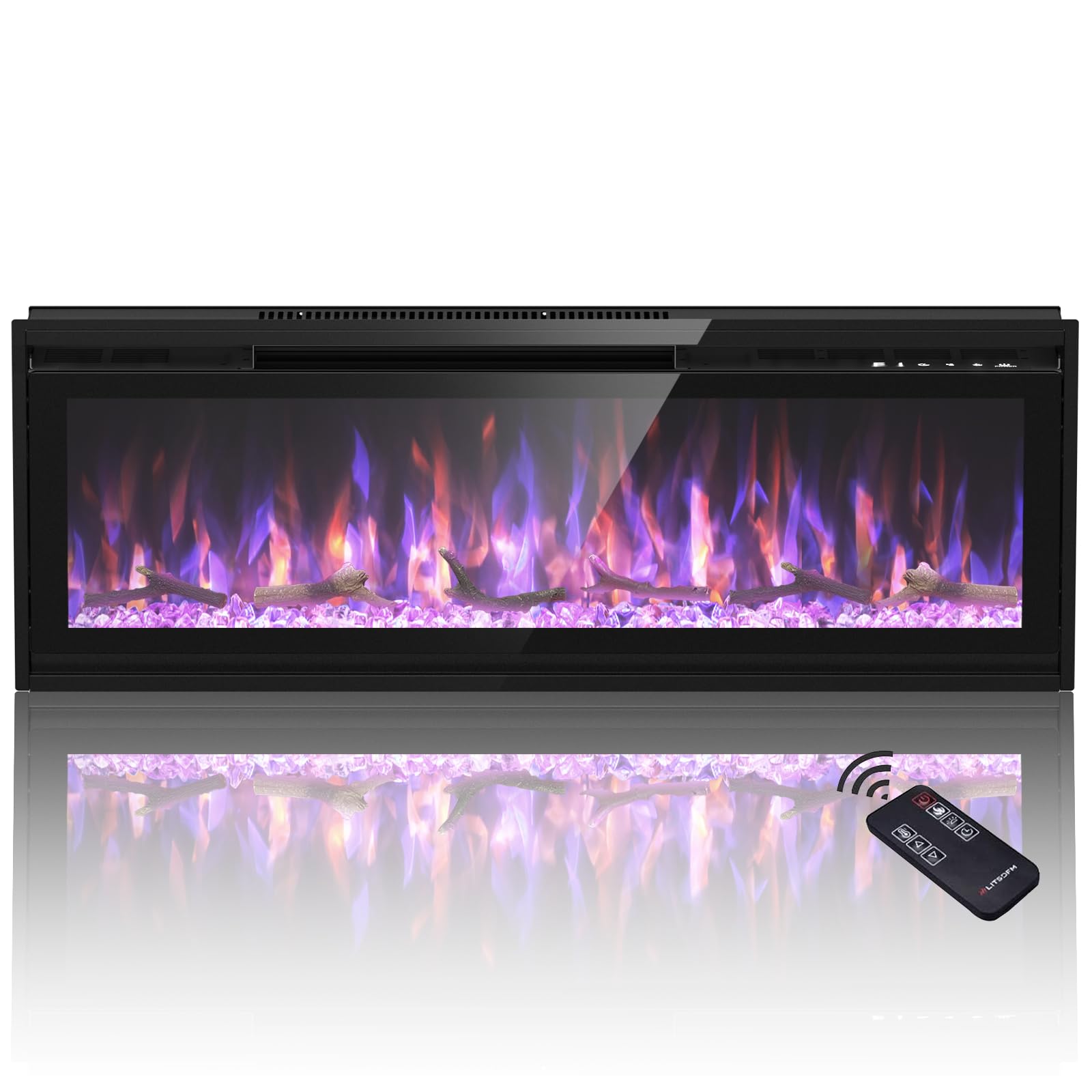 50 Inch Recessed Electric Fireplace with Remote - Wall Mounted Heater with Adjustable Flame Colors & Timer (750W/1500W) - Perfect for Living Room, Bedroom & Office - Black
