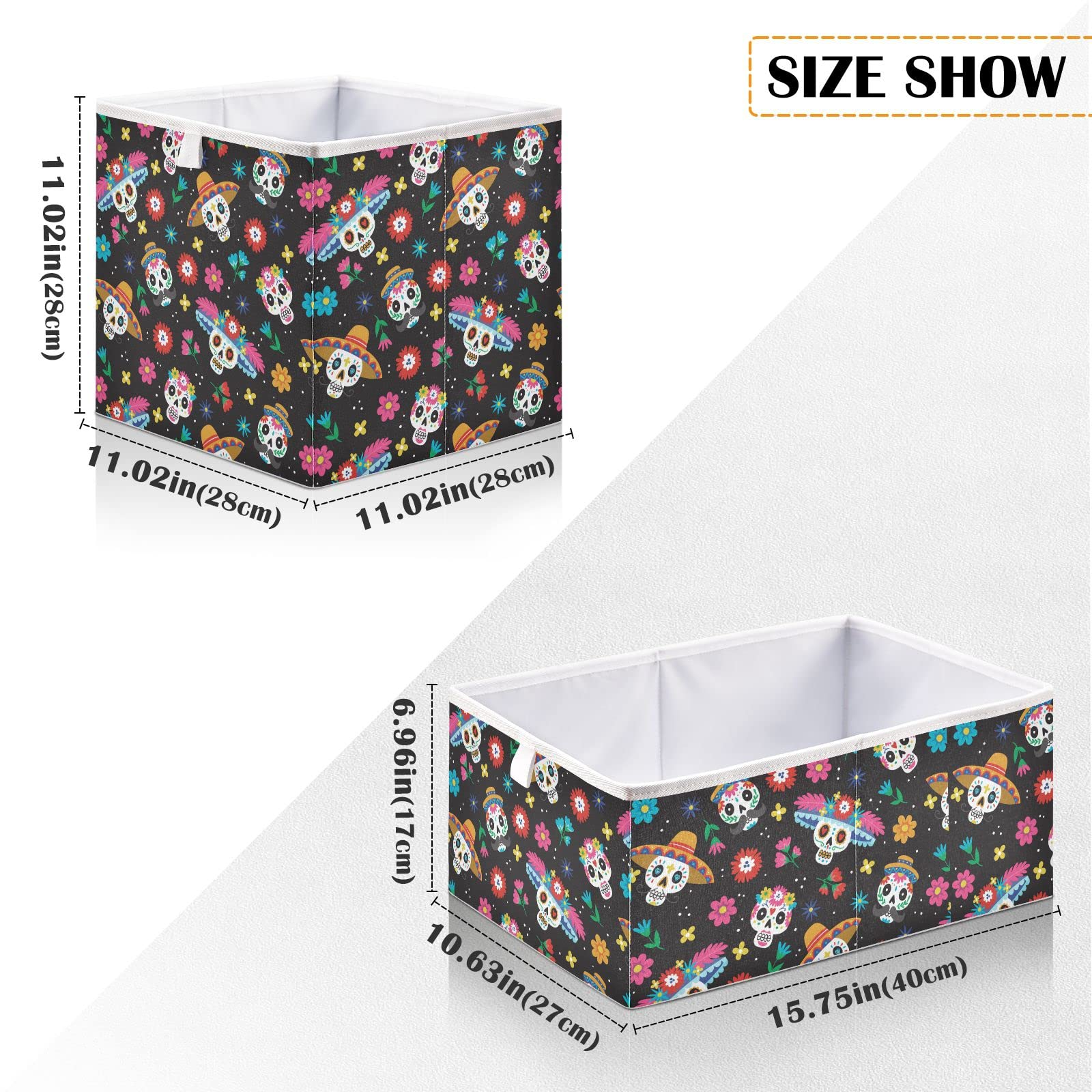 Day of the Dead Sugar Skull Halloween Storage Baskets - Foldable Collapsible Storage Box with Waterproof Fabric (11 x 11 Inch) - Perfect for Shelves, Pantry, Bathroom, Nursery & Toy Closet Organization