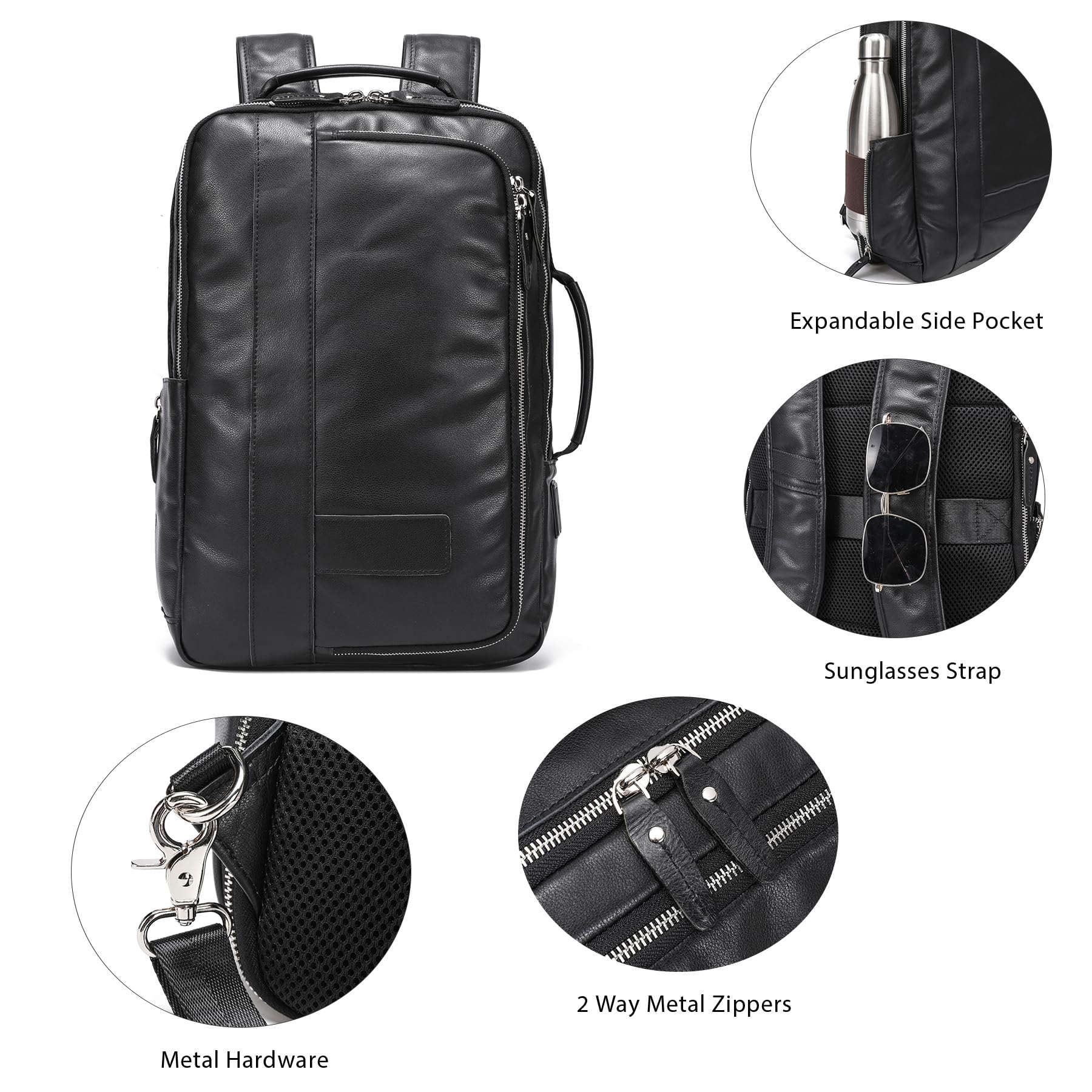 Premium LANNSYNE Vegetable Tanned Leather Backpack for Men - Expandable Laptop Backpack Fits 15.6 Inch Notebook, Durable Travel Rucksack & Stylish Shoulder Tote Bag for Work, College & Outdoor Adventures