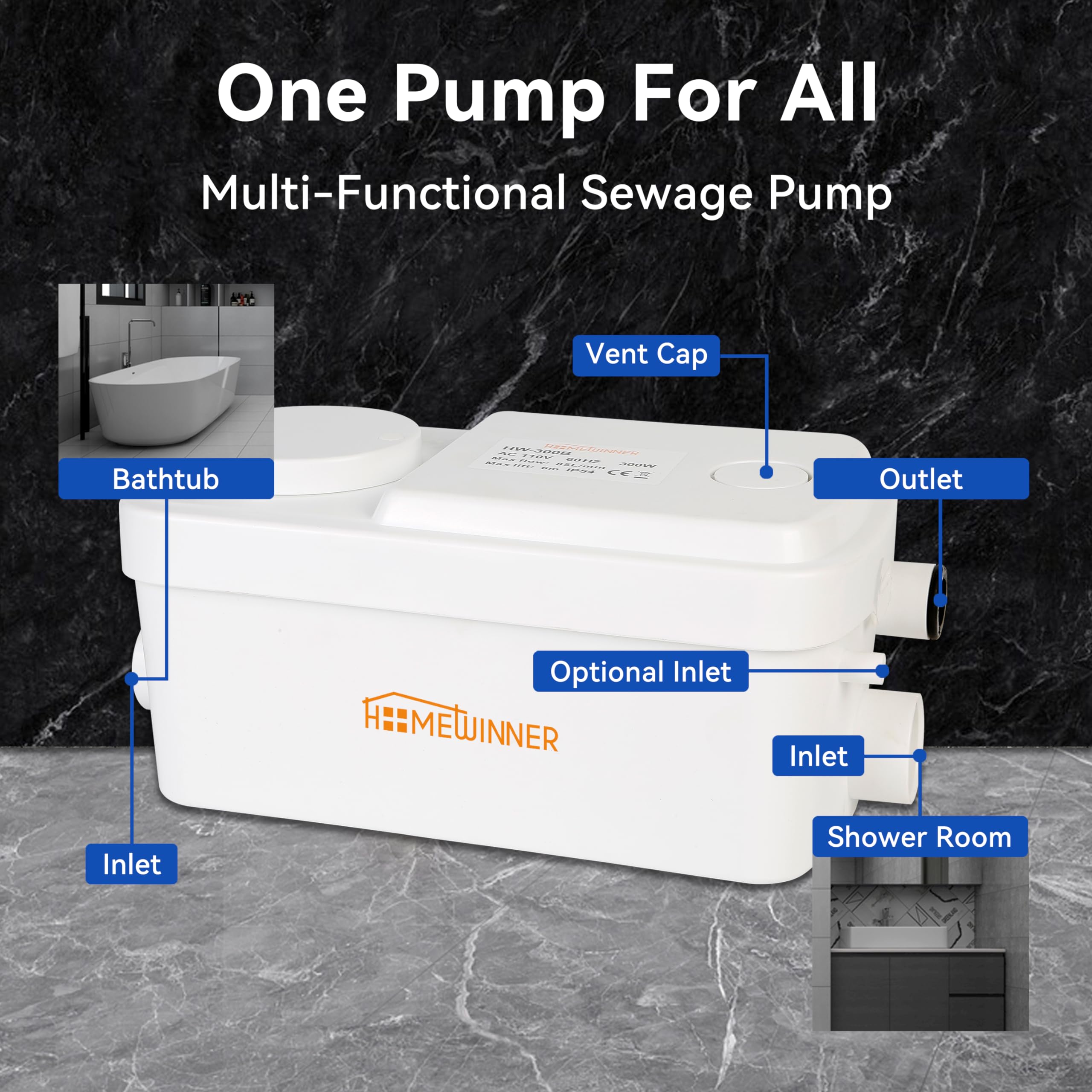 300W Under-Sink Sewage Pump - Upflush Sump Pump for Basement, RV, Marine & Home Use | Handles Waste Water from Bathroom, Shower, Laundry & Kitchen (Up to 22ft) | Ideal for Small Spaces & Off-Grid Living